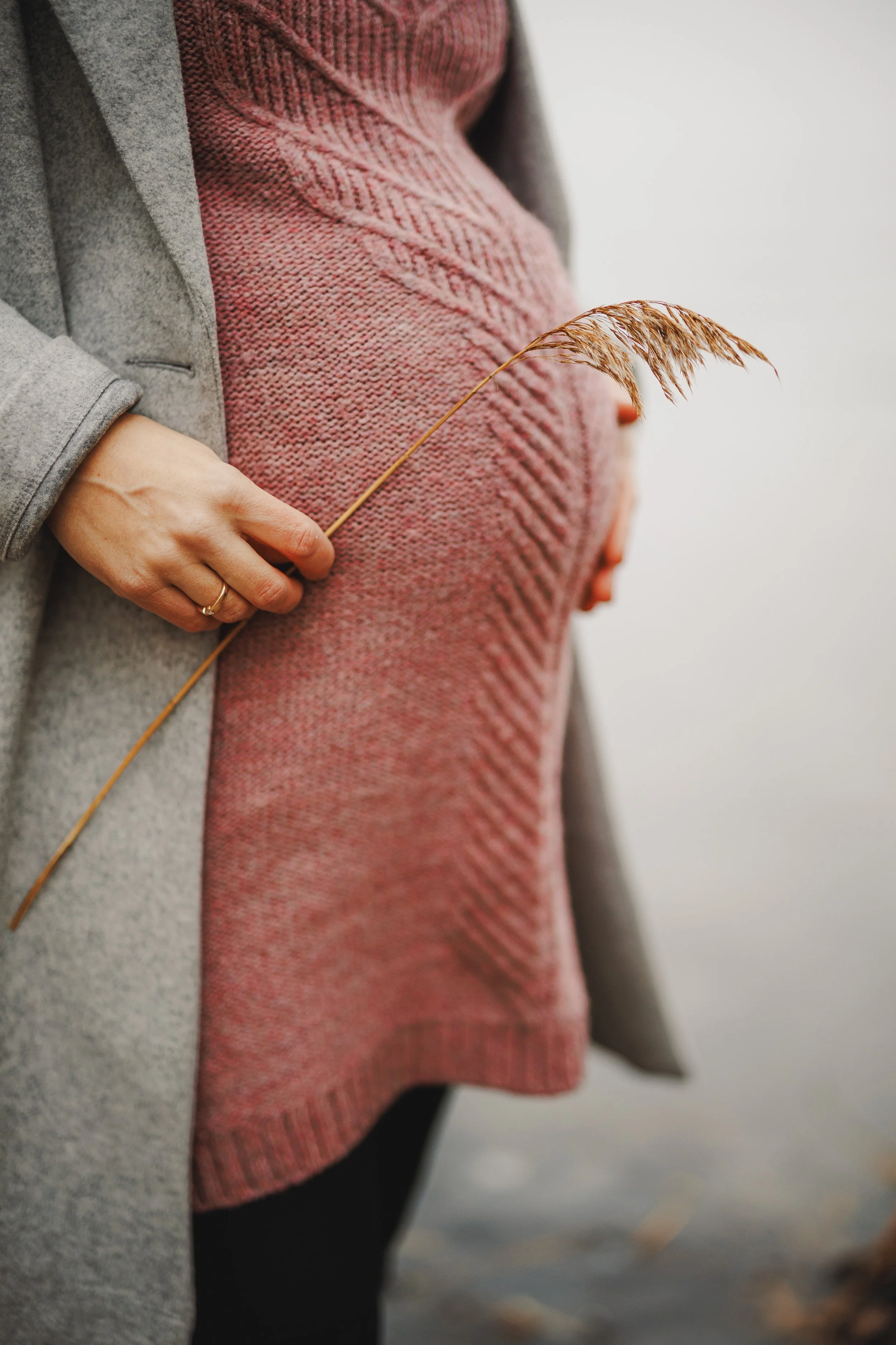 Ruhige Detailaufnahme aus einem Babybauchshooting: Hände am Bauch, warmes Strickkleid und ein Halm Schilf – natürlich, ungestellt und zeitlos.