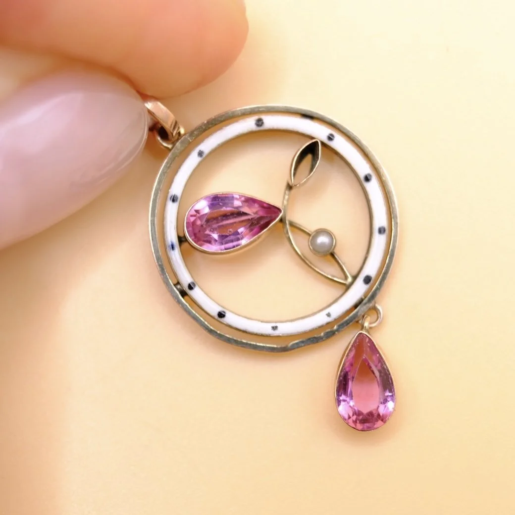 BVL1116-enamel-pink-stone-pendant-held.jpg