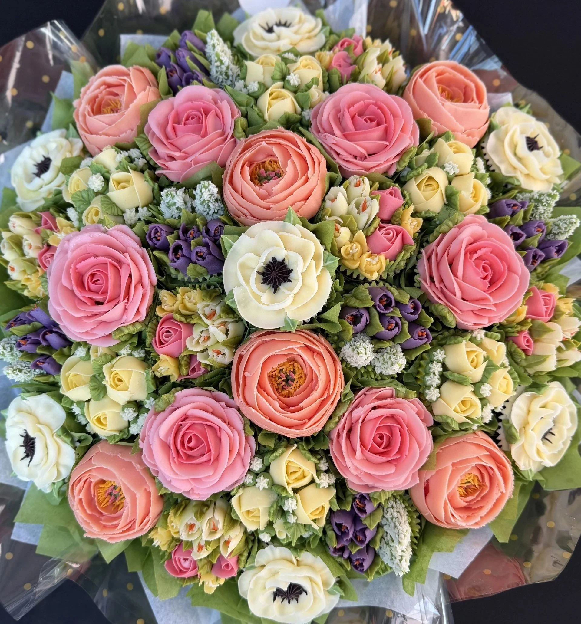 37 cupcake bouquet of 6 different blooms (55 x 55cm) 