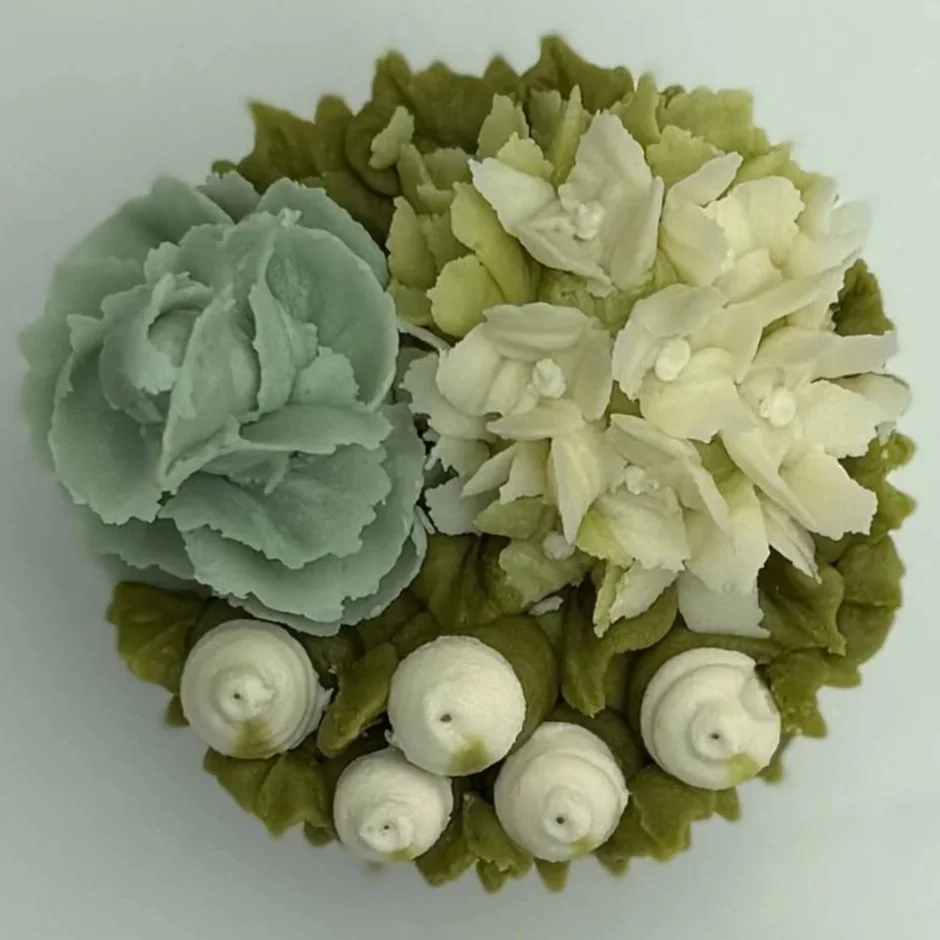 Garden cupcake: hydrangea, eucalyptus and white hypericum berries