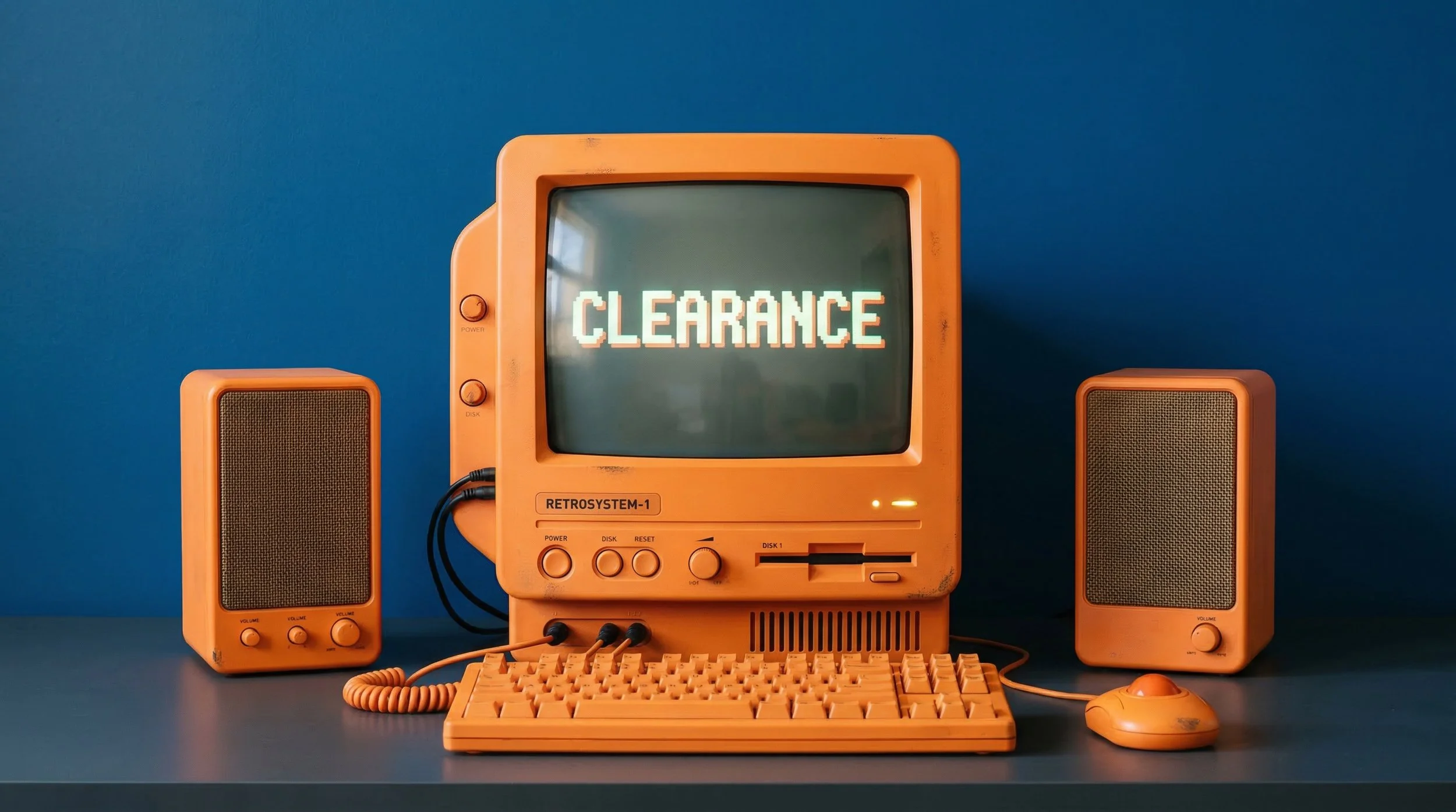 A vintage orange computer with a monitor displaying the word "CLEARANCE" in pixelated text, flanked by two orange speakers, a keyboard, and a mouse, all set against a blue background.