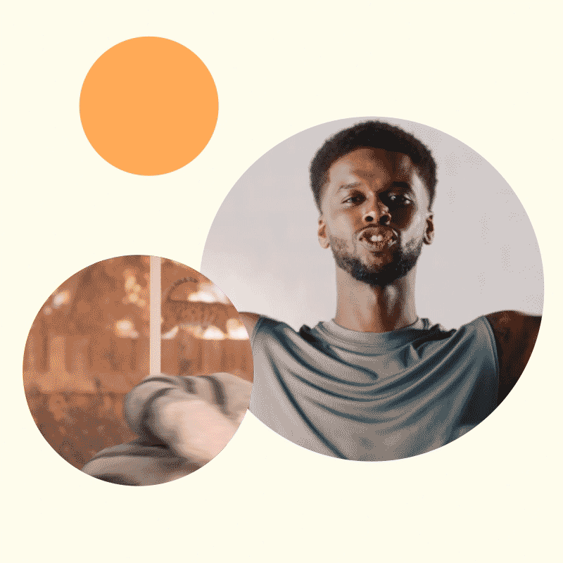 A man in athletic wear with raised arms, appearing to celebrate or finish a workout, with two overlapping circles, one showing a hand reaching for a bar in a gym, and a smaller orange circle against a light background.