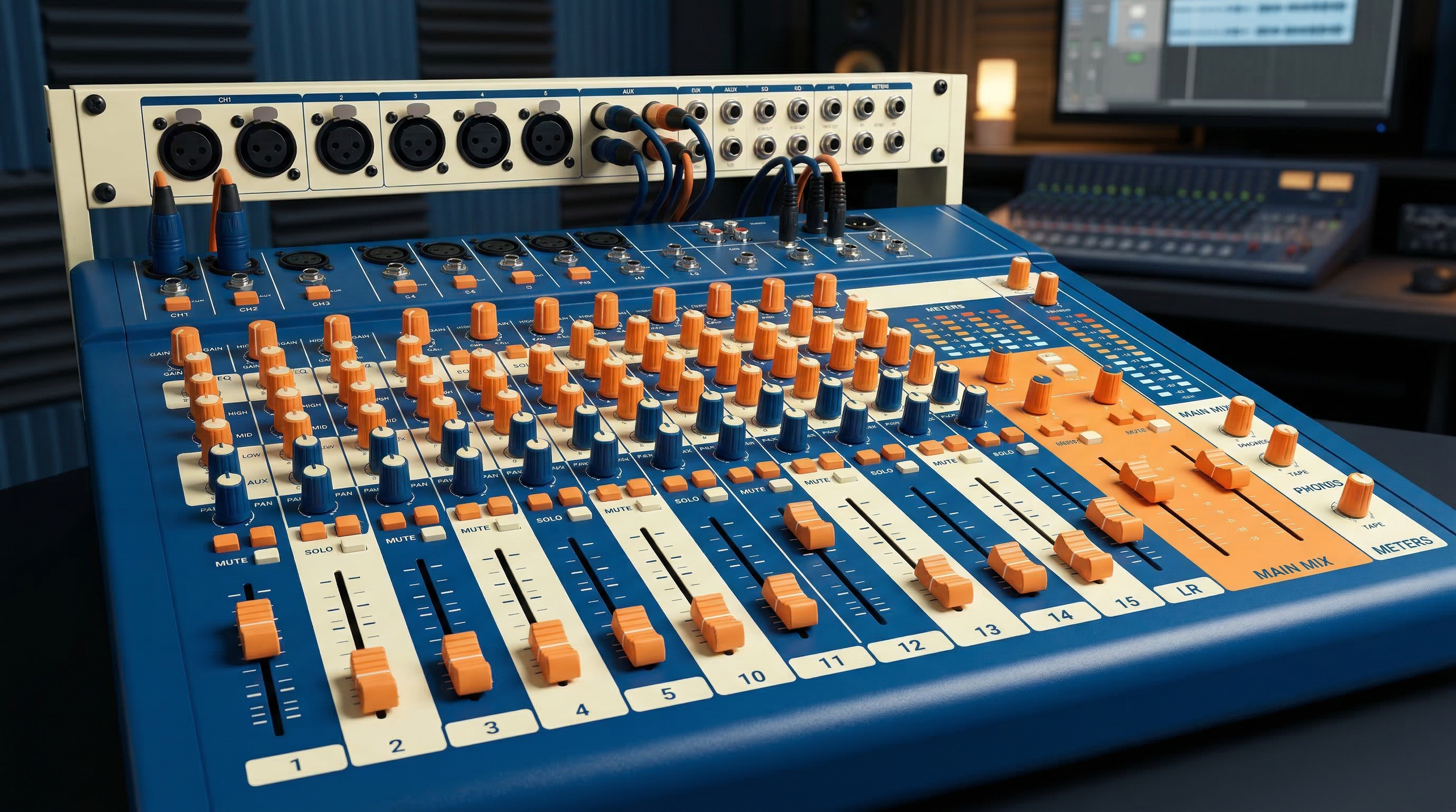 Audio mixing console with multiple sliders, knobs, and connections in a recording studio.