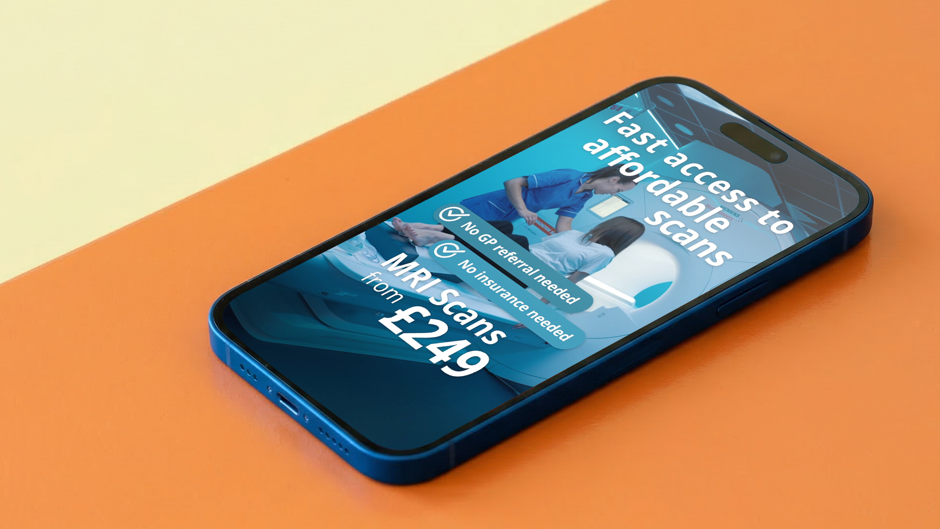 Smartphone displaying a medical scan appointment booking app on an orange background.