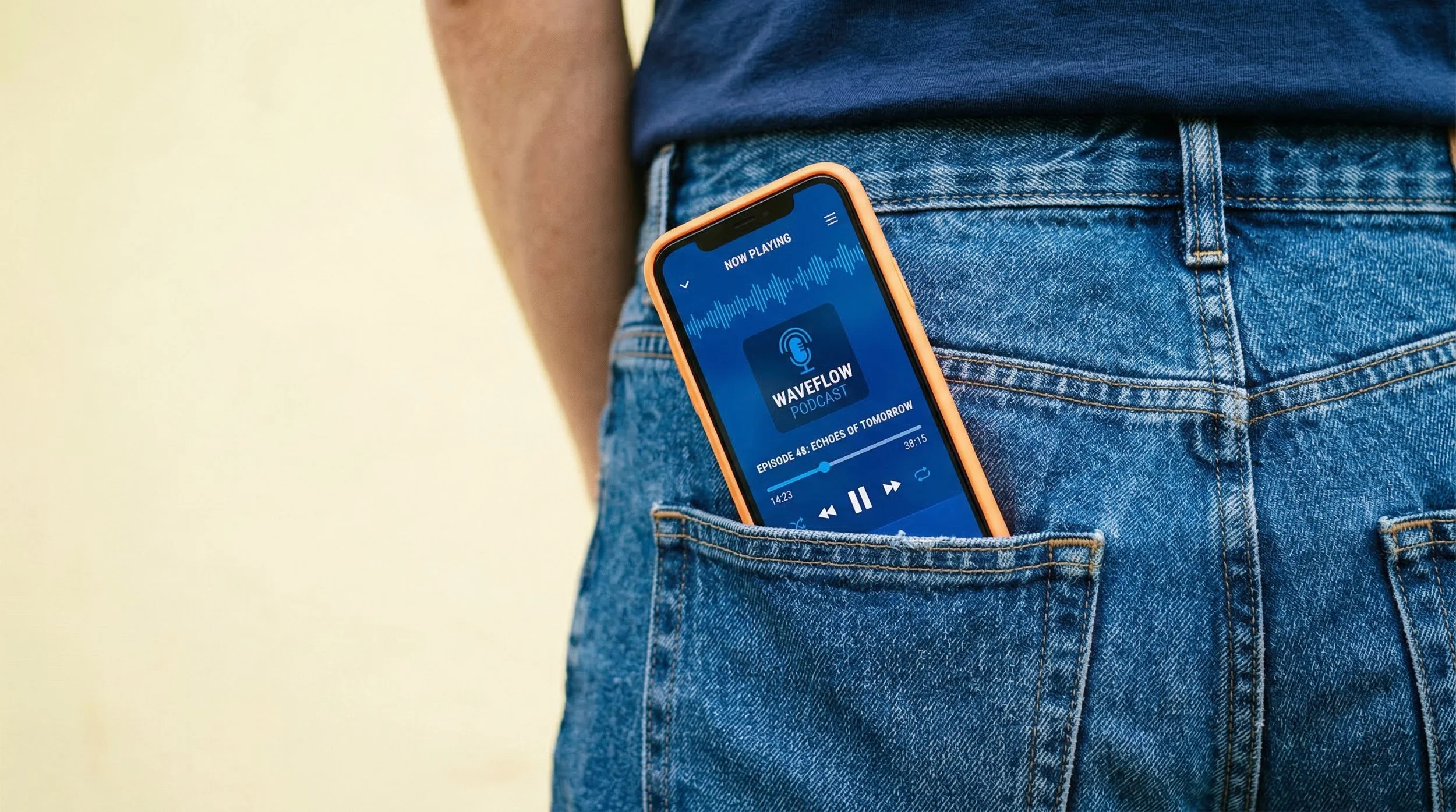 A smartphone with earbuds icon displaying a podcast app titled 'Waveflow Podcast' is visible in the back pocket of a person wearing blue jeans and a dark blue shirt, standing against a light-colored background.