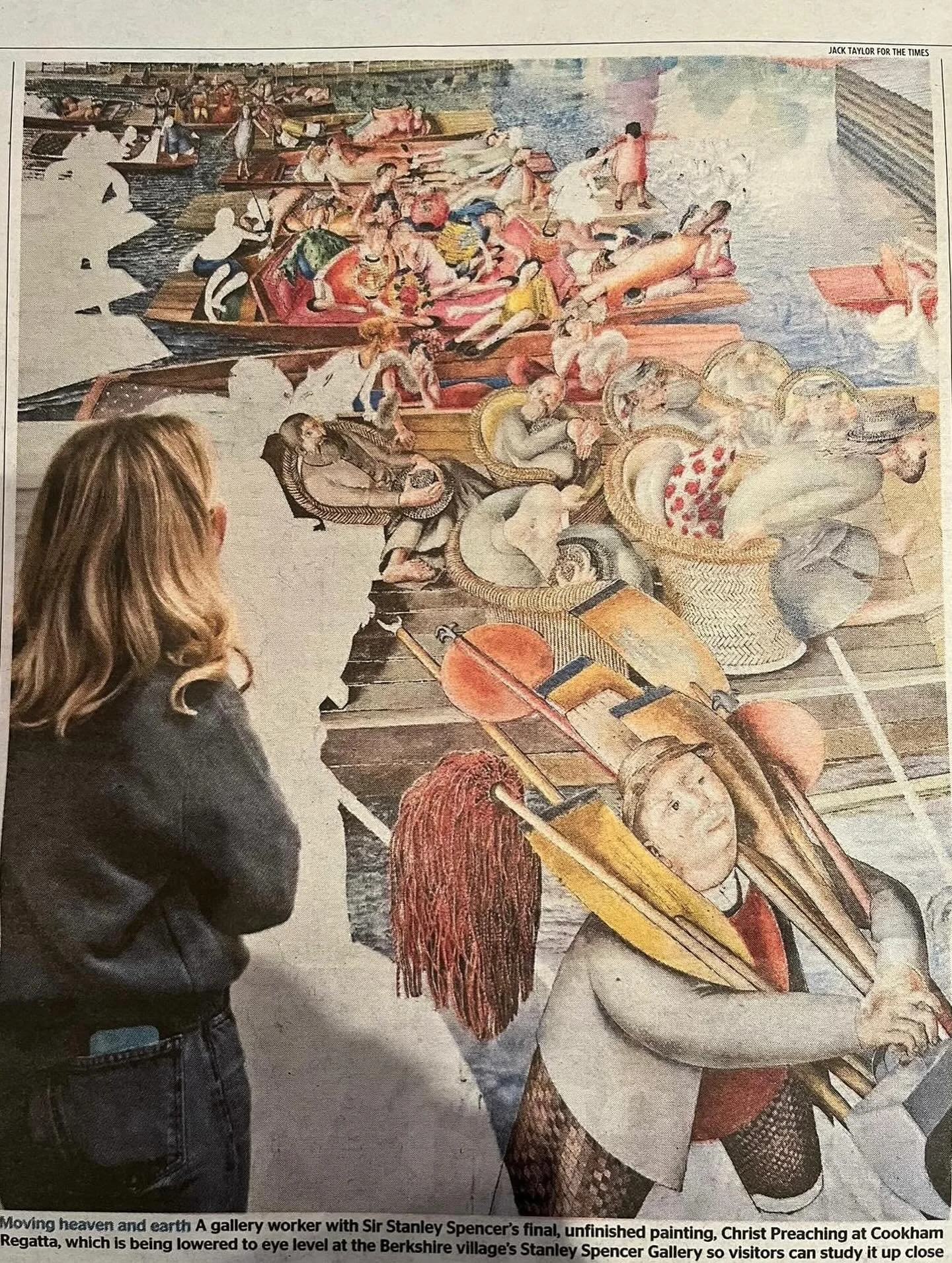 We are thrilled to see @stanleyspencergallery in today&rsquo;s @thetimes  capturing the moment Stanley Spencer&rsquo;s last great unfinished painting &lsquo;Christ Preaching at Cookham Regatta&rsquo; was brought down from the wall for the first time 