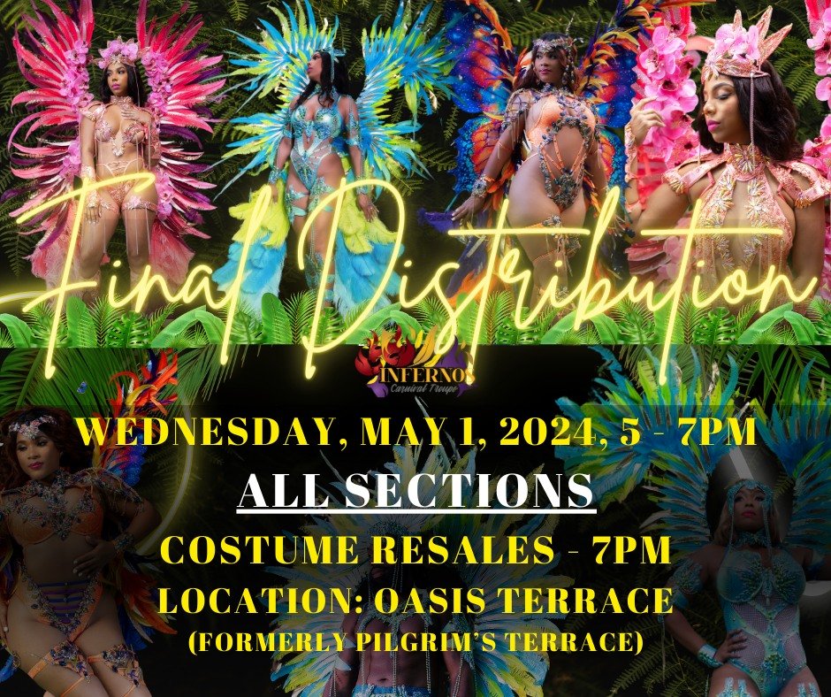Calling all masqueraders!

This is the LAST CALL and your final chance to pick up your costume for the parade!

Date: Wednesday, May 1st, 2024
Time: 5:00 - 7:00 PM
Location: Oasis Terrace (formerly Pilgrim's Terrace) 
(Need directions? Click this pho