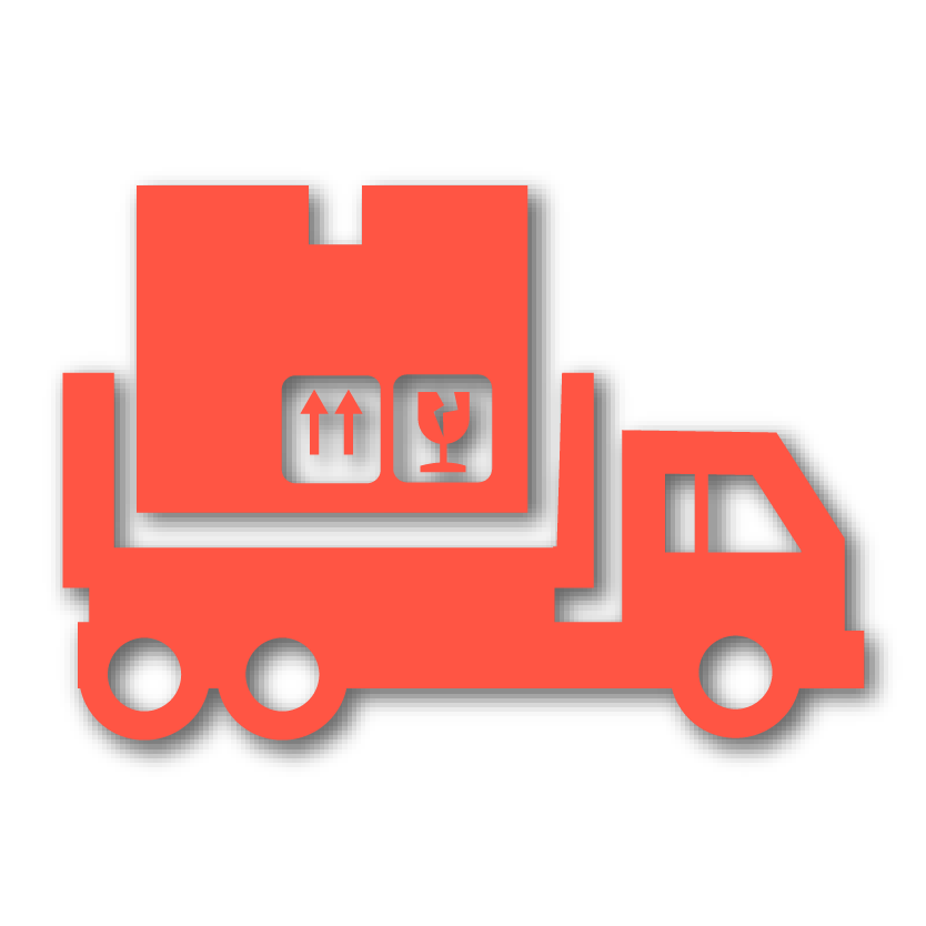 Red delivery truck carrying a package with handling symbols for 'this side up' and 'fragile'.