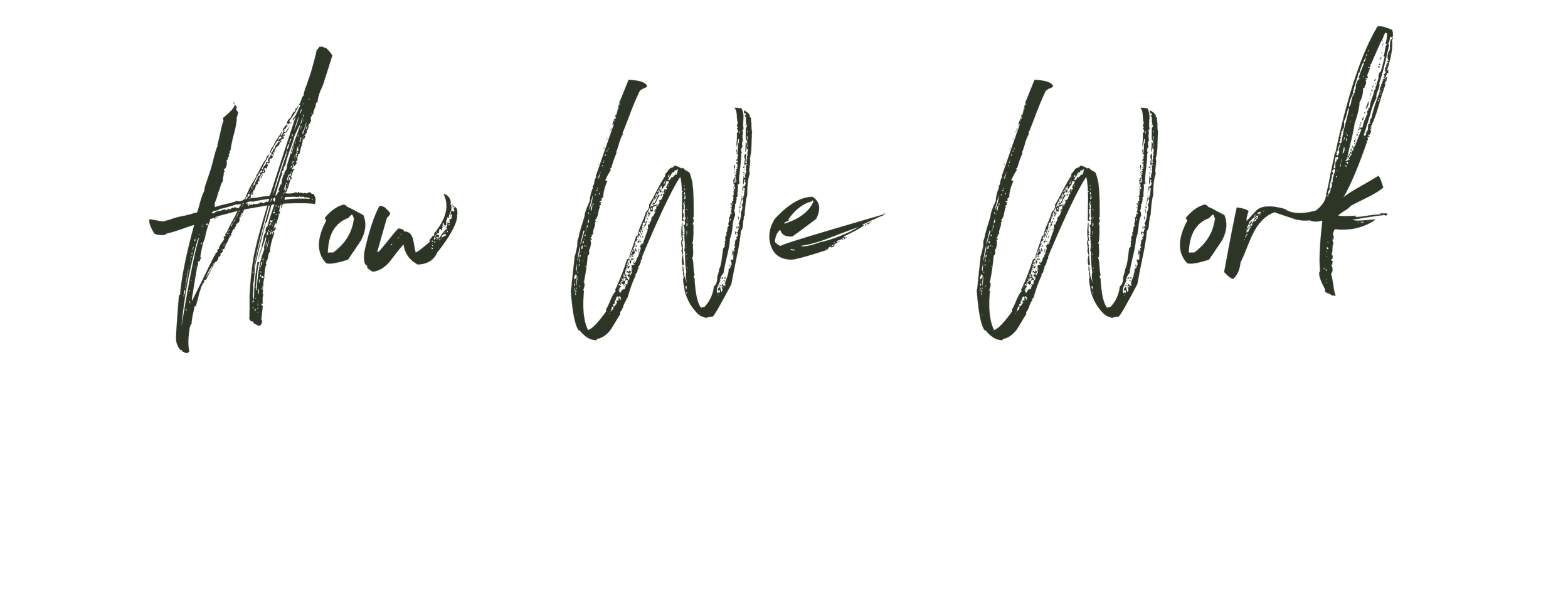 Handwritten text that says 'how we work' in green ink on a transparent background.