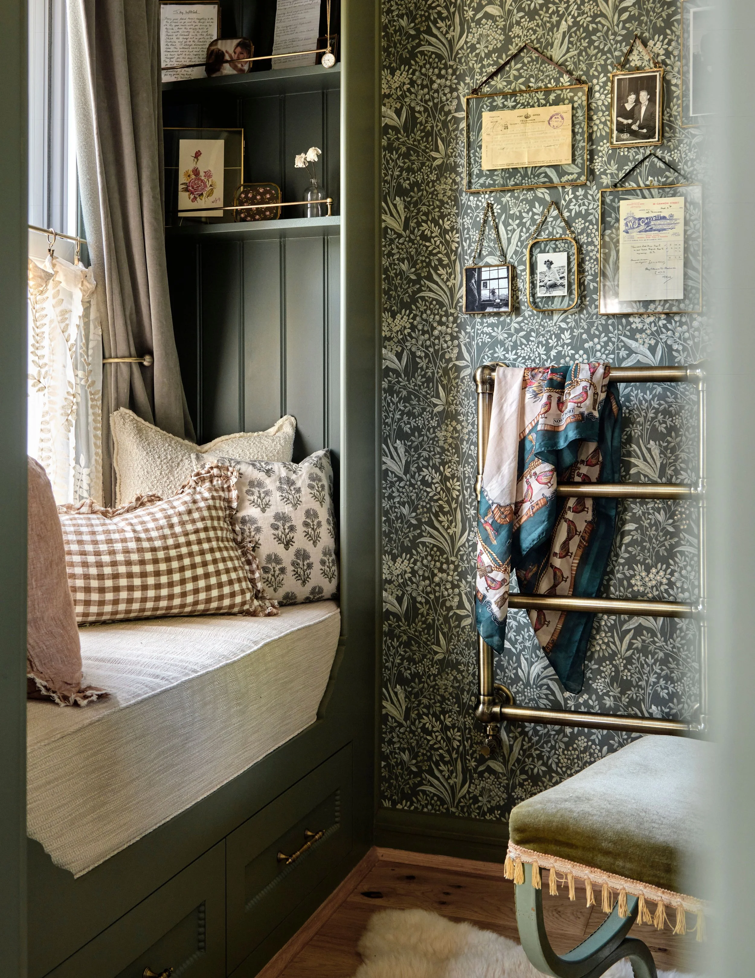 Beautiful bespoke powder room full of old charm and subtle contrasting green tones