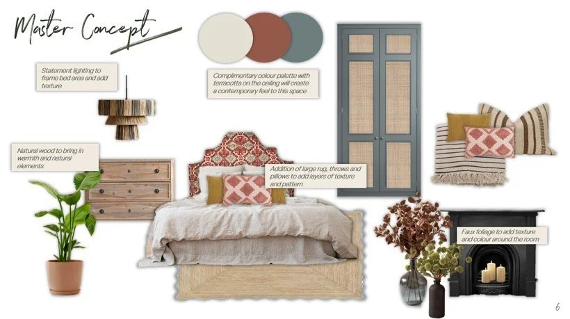 Design board titled 'Master Concept' showcasing interior decor ideas with color palette, lighting, wood elements, furniture, bedding, plants, and decorative accessories for a bedroom.