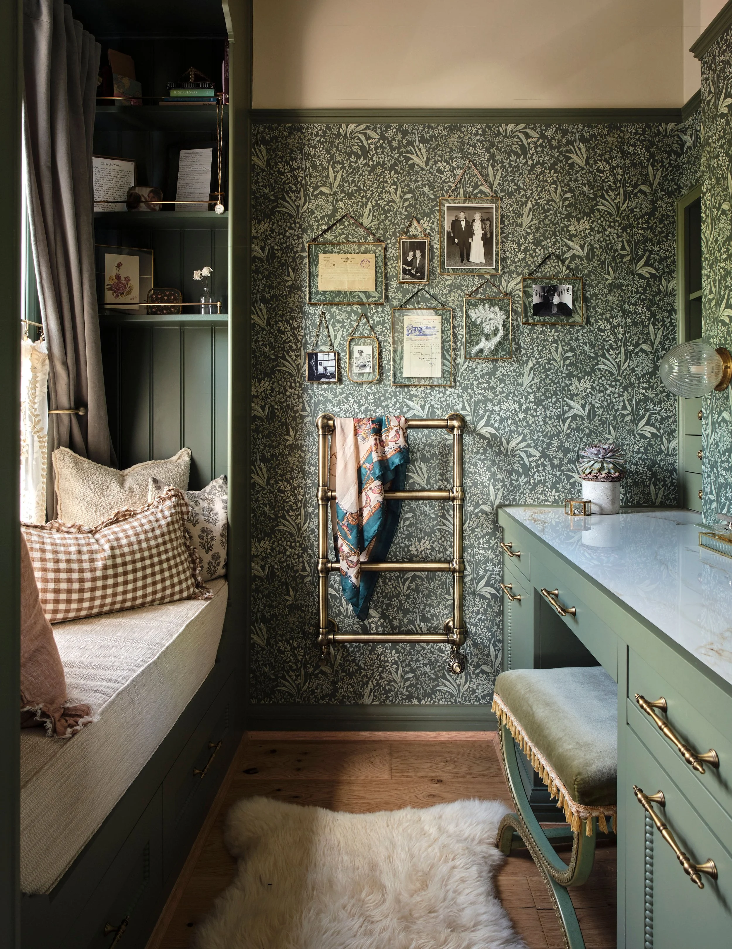 Bespoke joinery bench seat and built-in vanity complete with Lloyd-Loom vintage stool