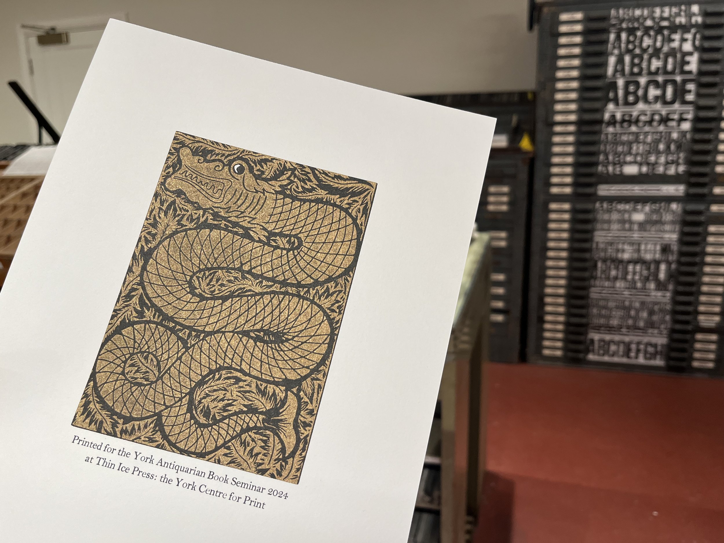 A printed paper with a detailed illustration of a snake and a dragon on it, printed the York Antiquarian Book Seminar 2024, held at Thin Ice Press: the York Centre for Print.
