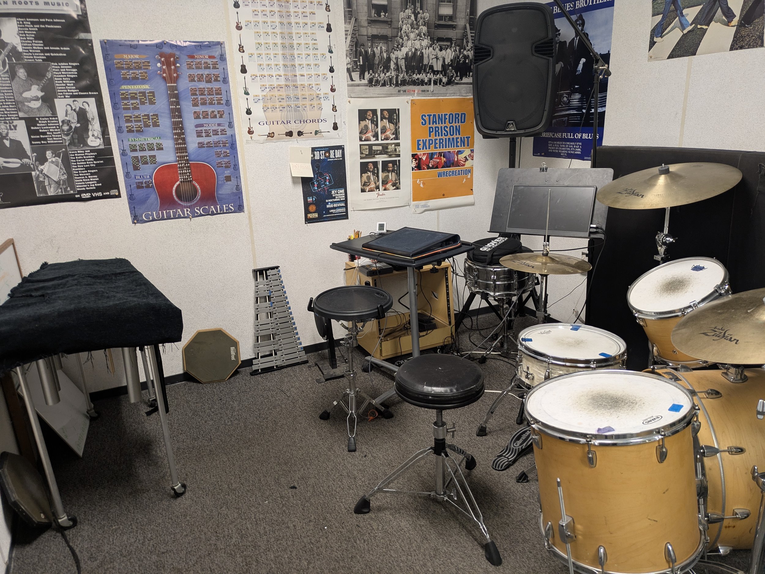 Percussion practice room with drumset