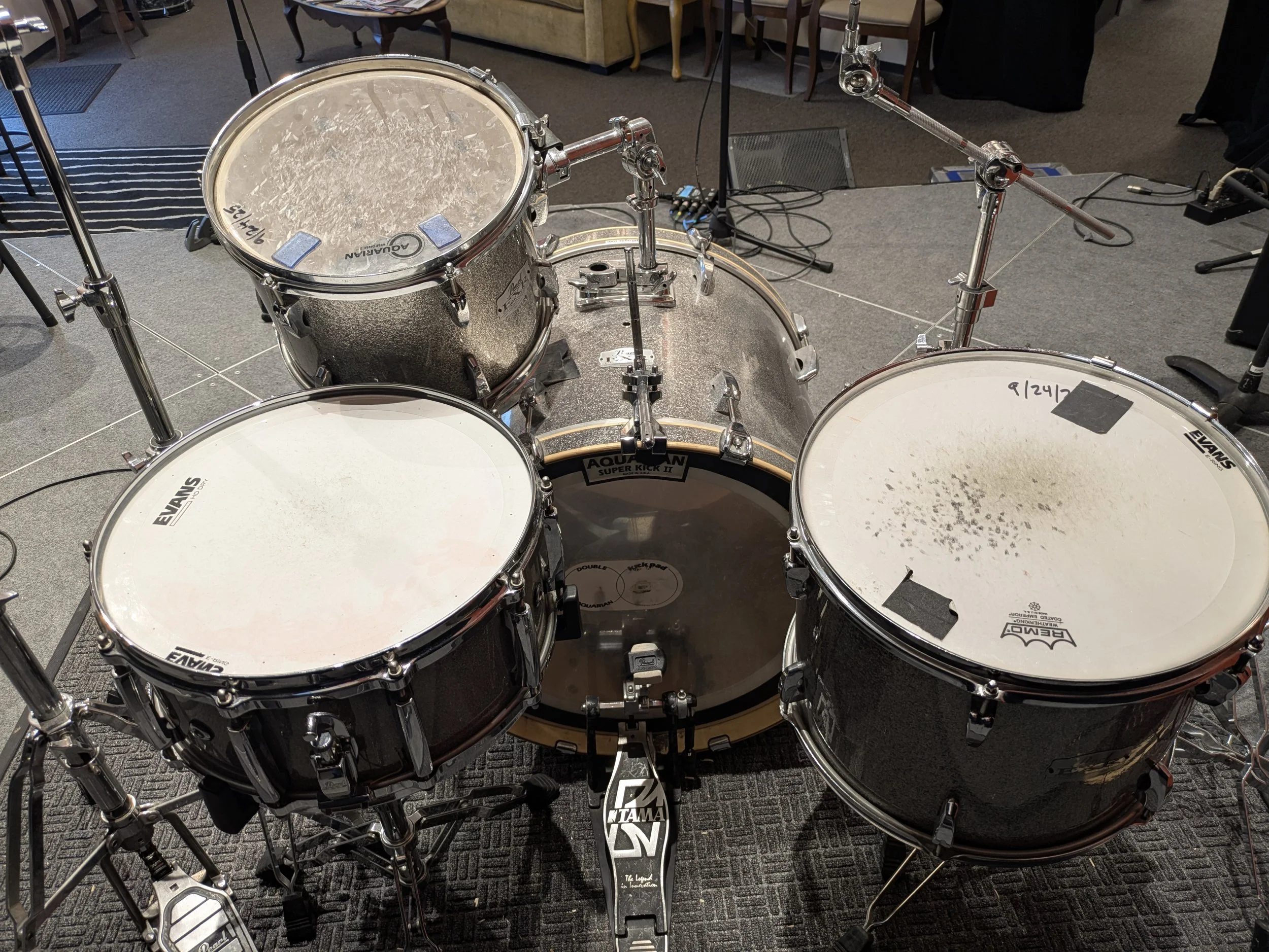 Backline Pearl drumset with hardware (drummers must bring their own snare and cymbals)