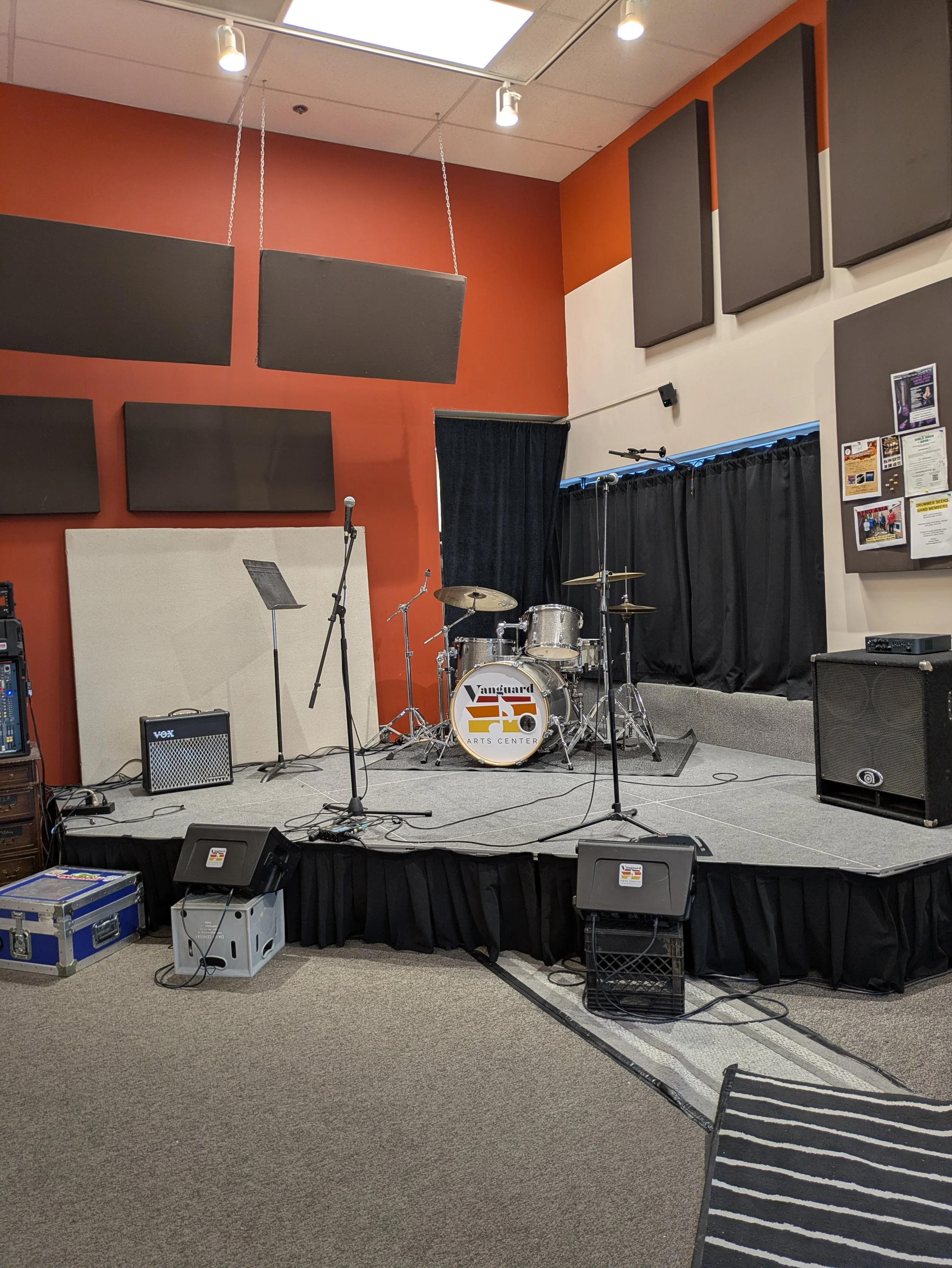 Spacious rehearsal space with a full stage available for rental!