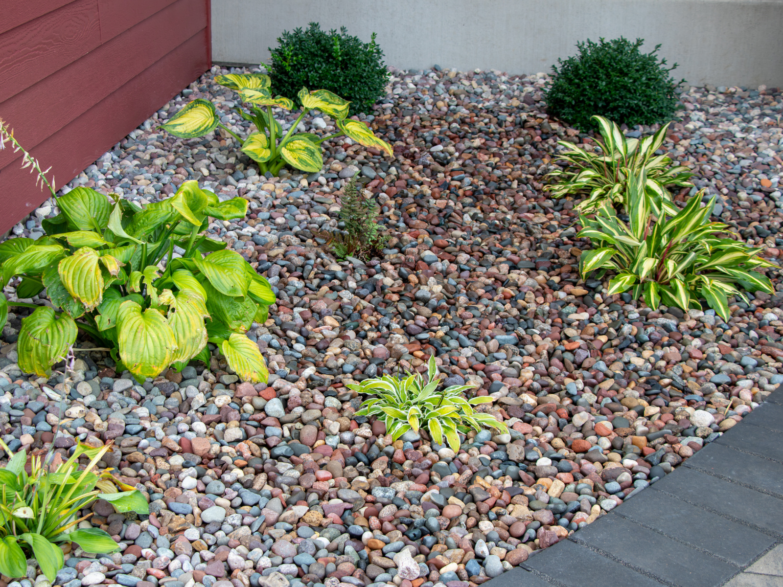  Finished planting bed with decorative stone and low-maintenance plantings 