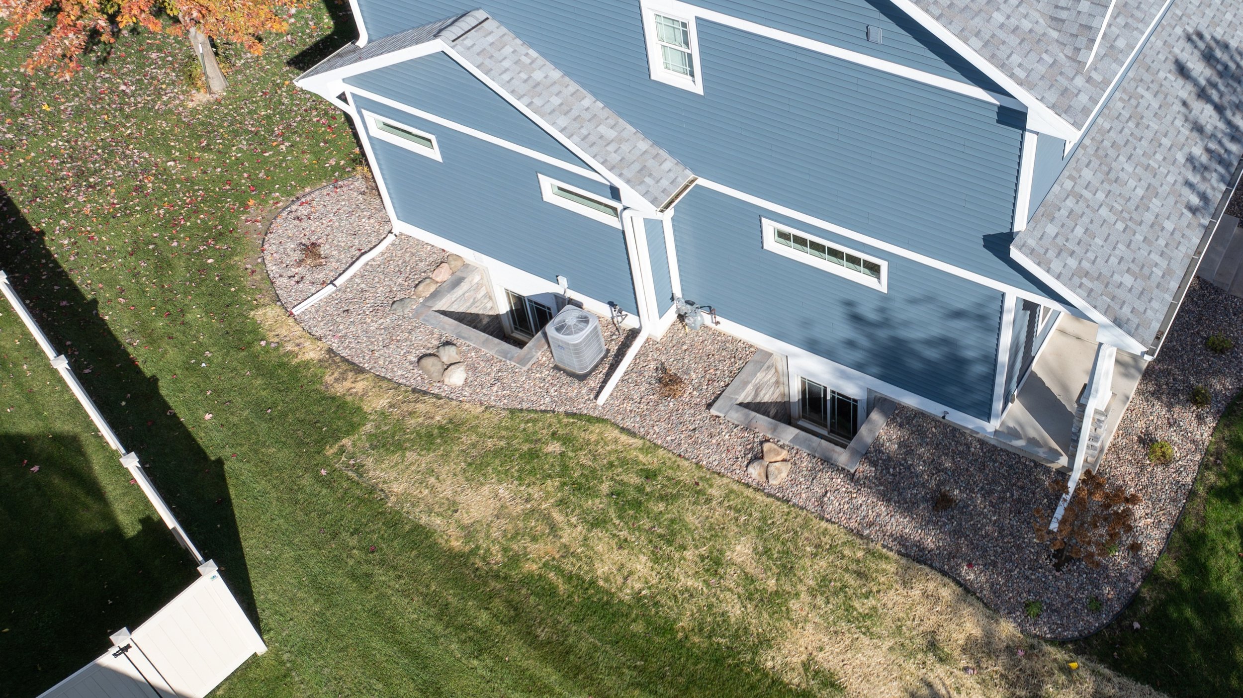 Aerial view of foundation landscape with rock beds