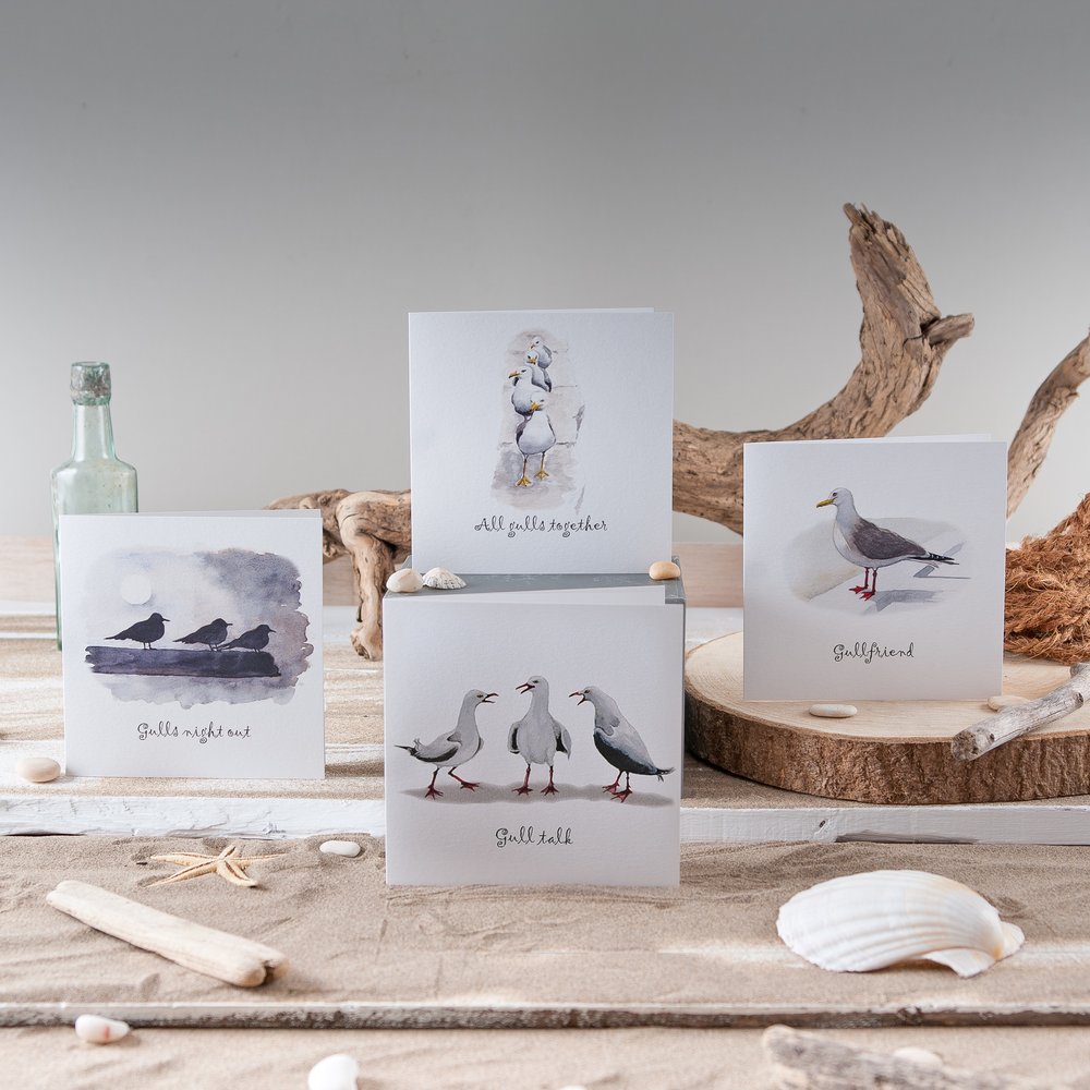  Seaside bird themed greeting cards in group of four upon sand with driftwood behind this, and surrounded by pebbles 