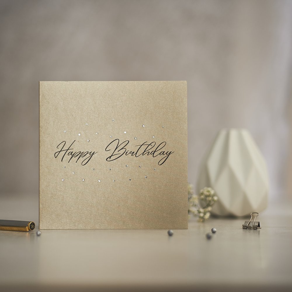  Elegant gold greeting cards warmly styled and photographed with small reflective jewels as props, design 2 