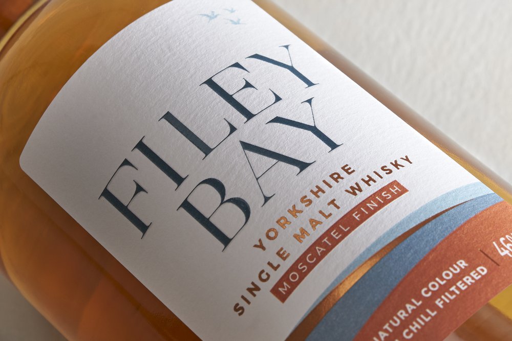  Close up photograph of Filey Bay Moscatel finish whisky bottle showing label 