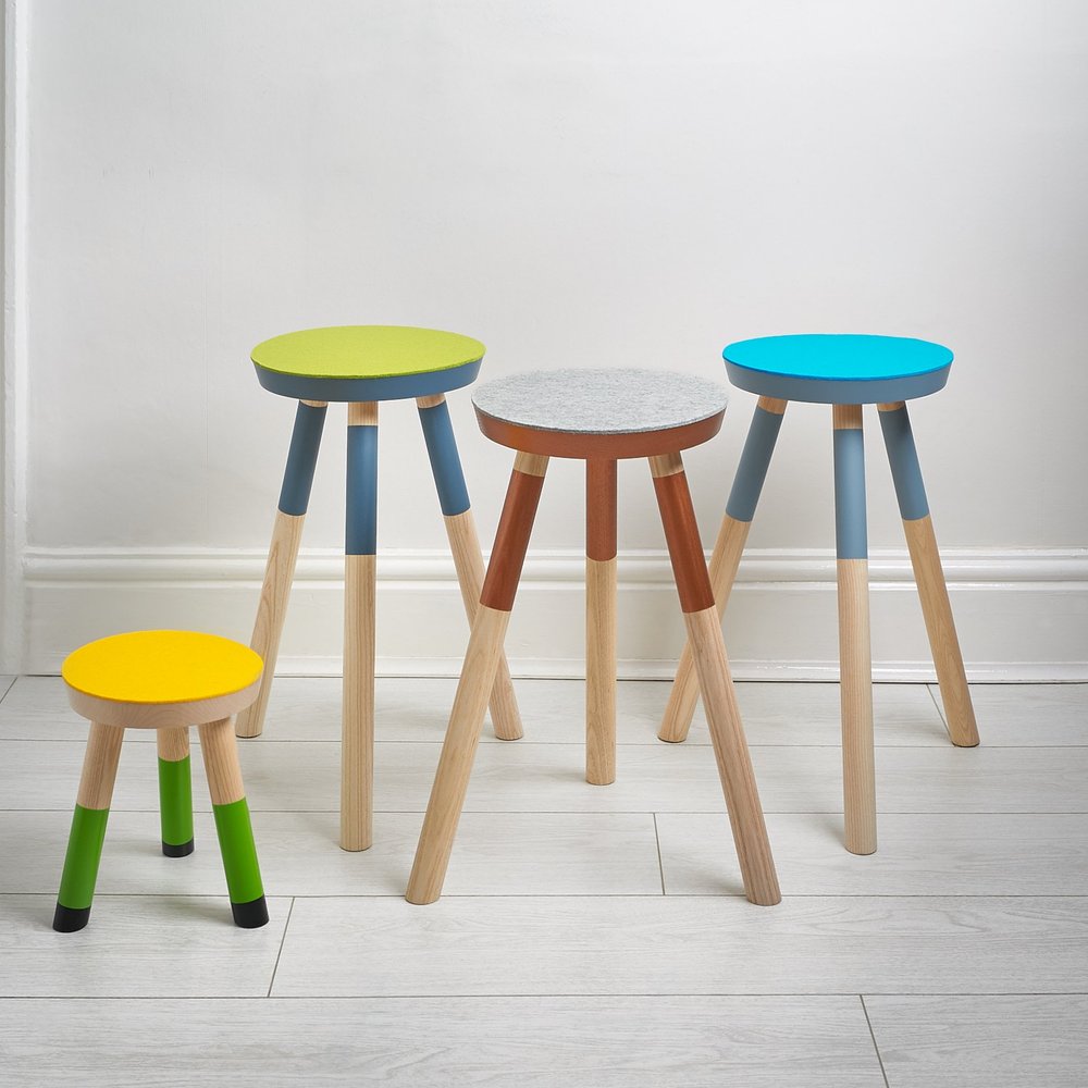 Handmade brightly coloured wooden contemporary stools 