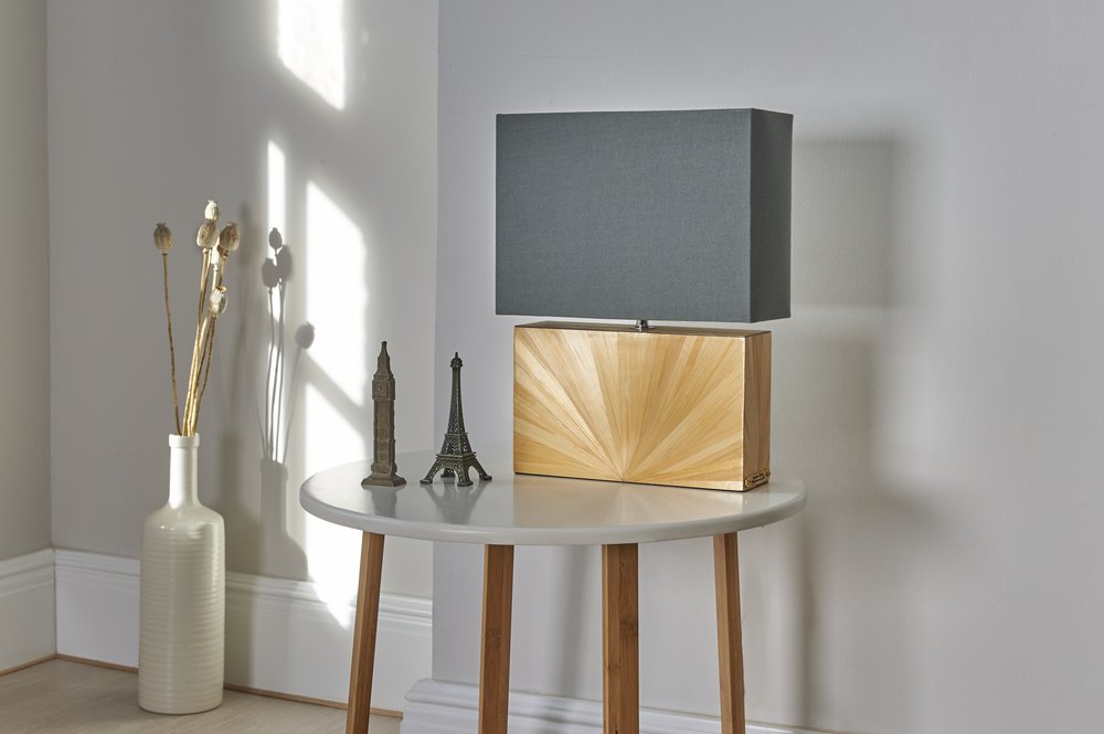  Designer made inlaid marquetry lamp photographed in studio upon small side table  