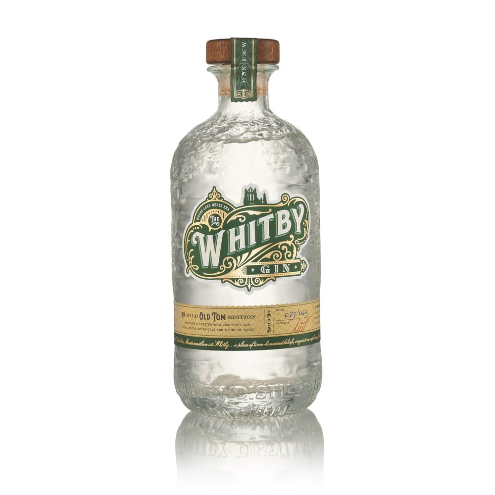  White background cutout/packshot of Whitby Distillery Gin with reflection to base 