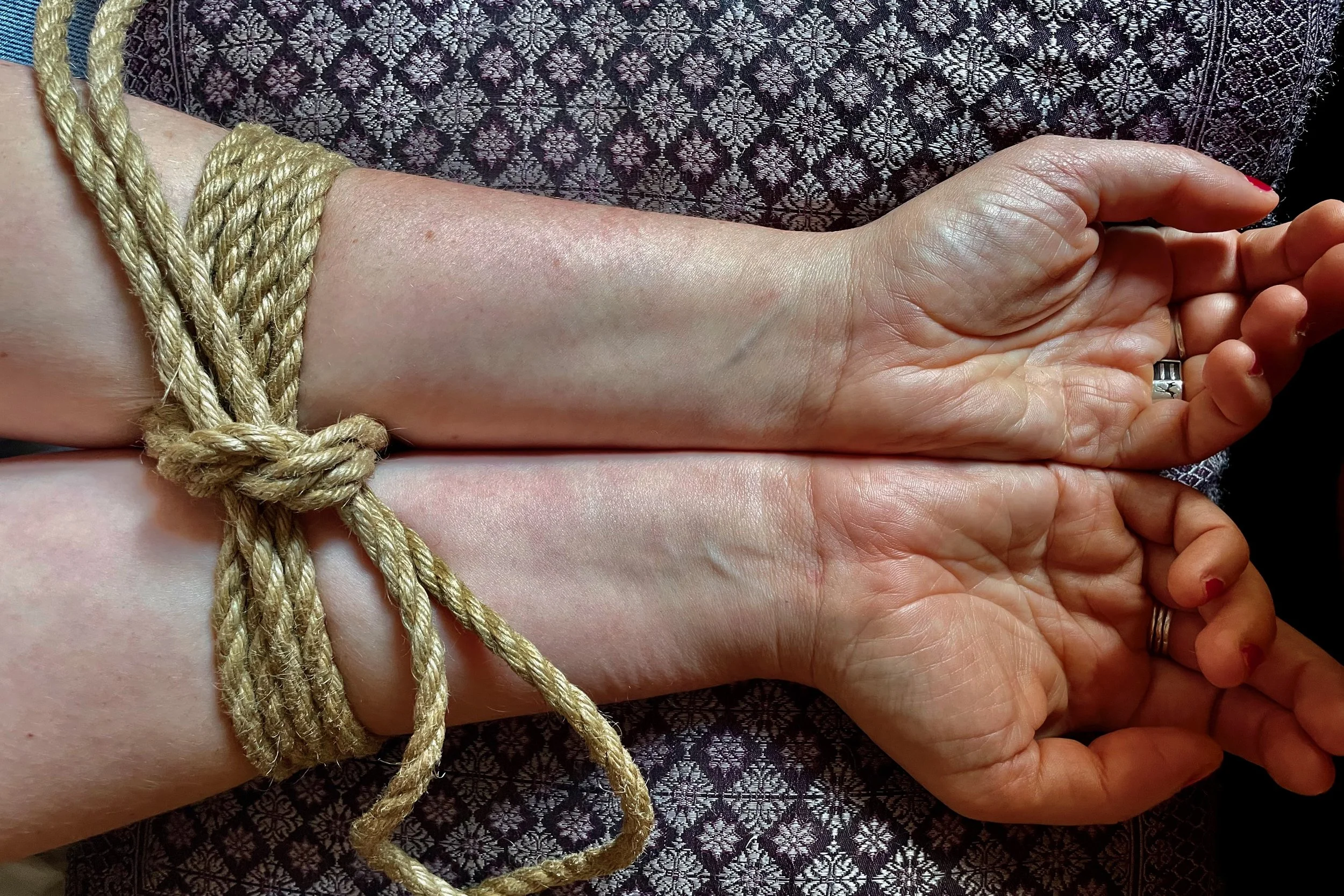 An image of two arms and hands, bound with rope, laying facing upwards on a red and silver cushion.