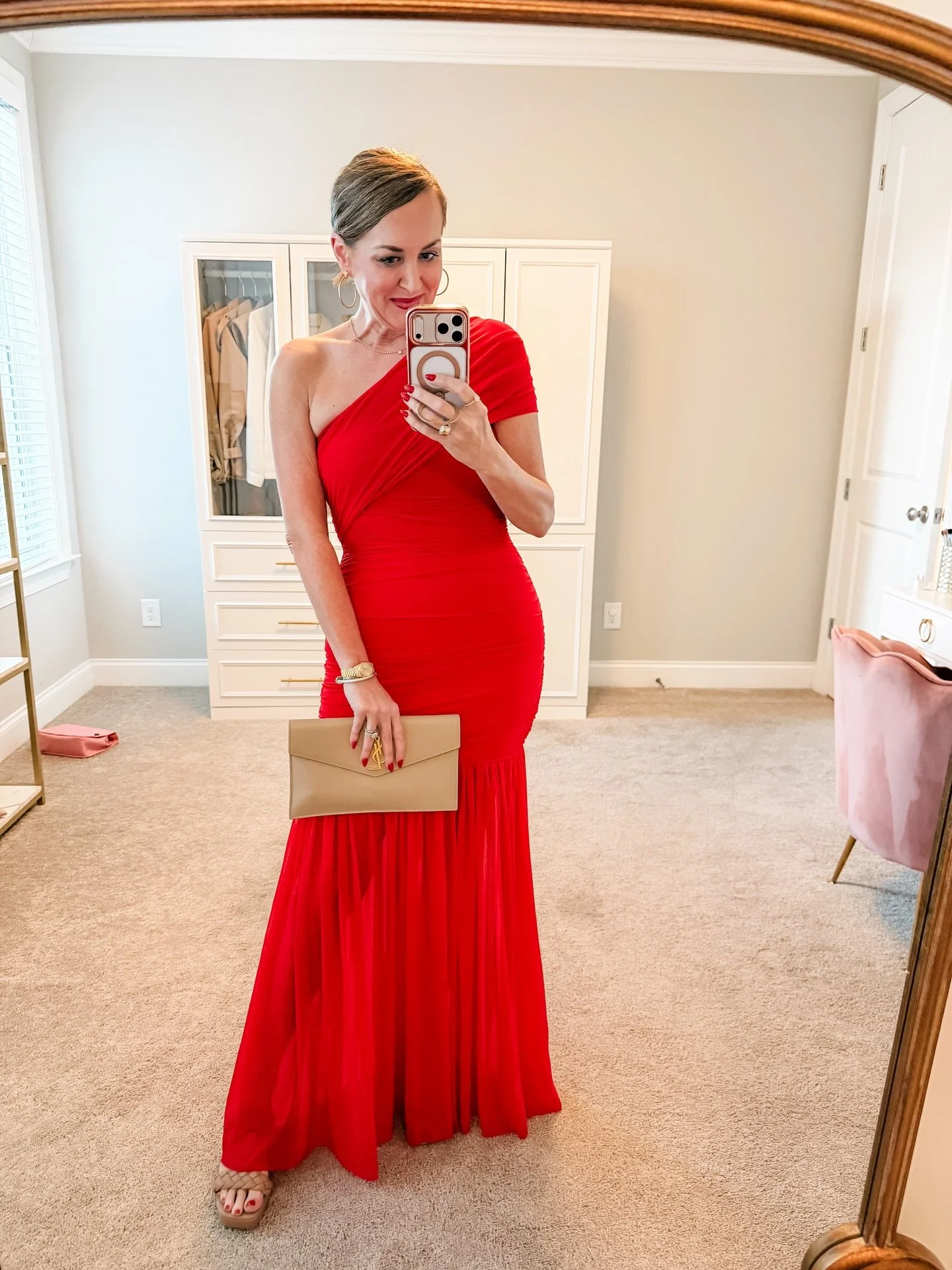 Red one shoulder formal dress. I wore this to an event last night and it was hands down the most asked about piece. $55 from Amazon and it comes in multiple colors.

If you&rsquo;re looking for an affordable semi-formal or formal dress, wedding guest