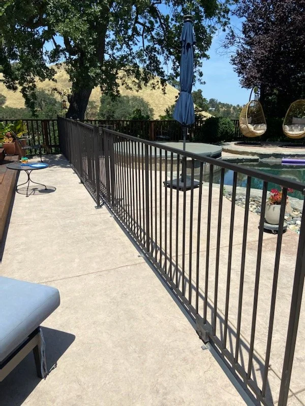 Black fence separating a terrace and the garden of a house.