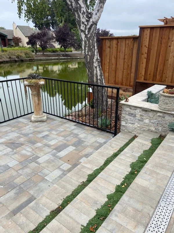 A black fence with a separation to the back of a house and a lake behind the project.