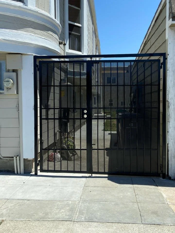 A black gate designed by the best professional separating the public street and the private garage.