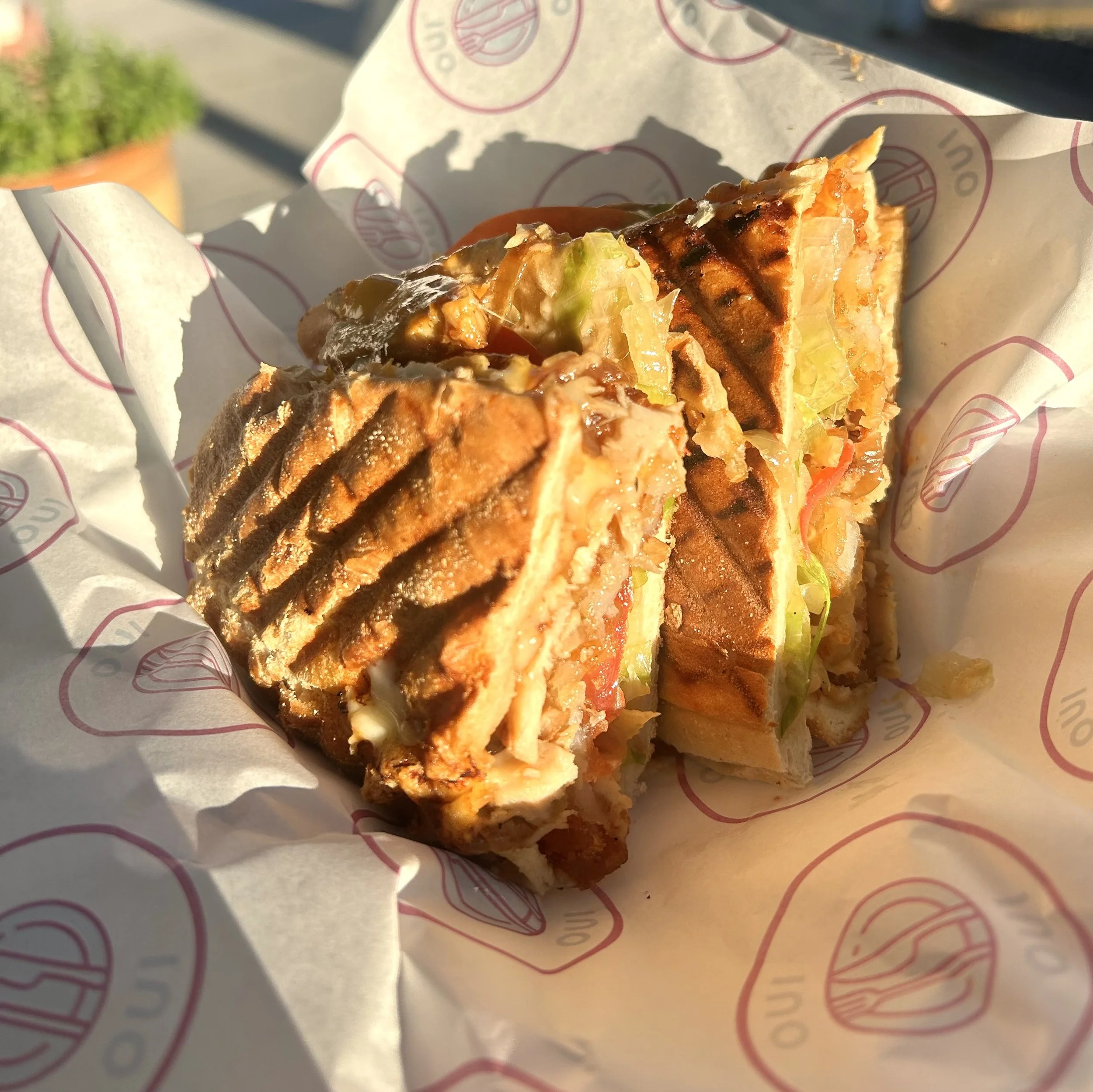 Grilled quesadilla with melted cheese, chicken, lettuce, and tomatoes in a paper wrapper.