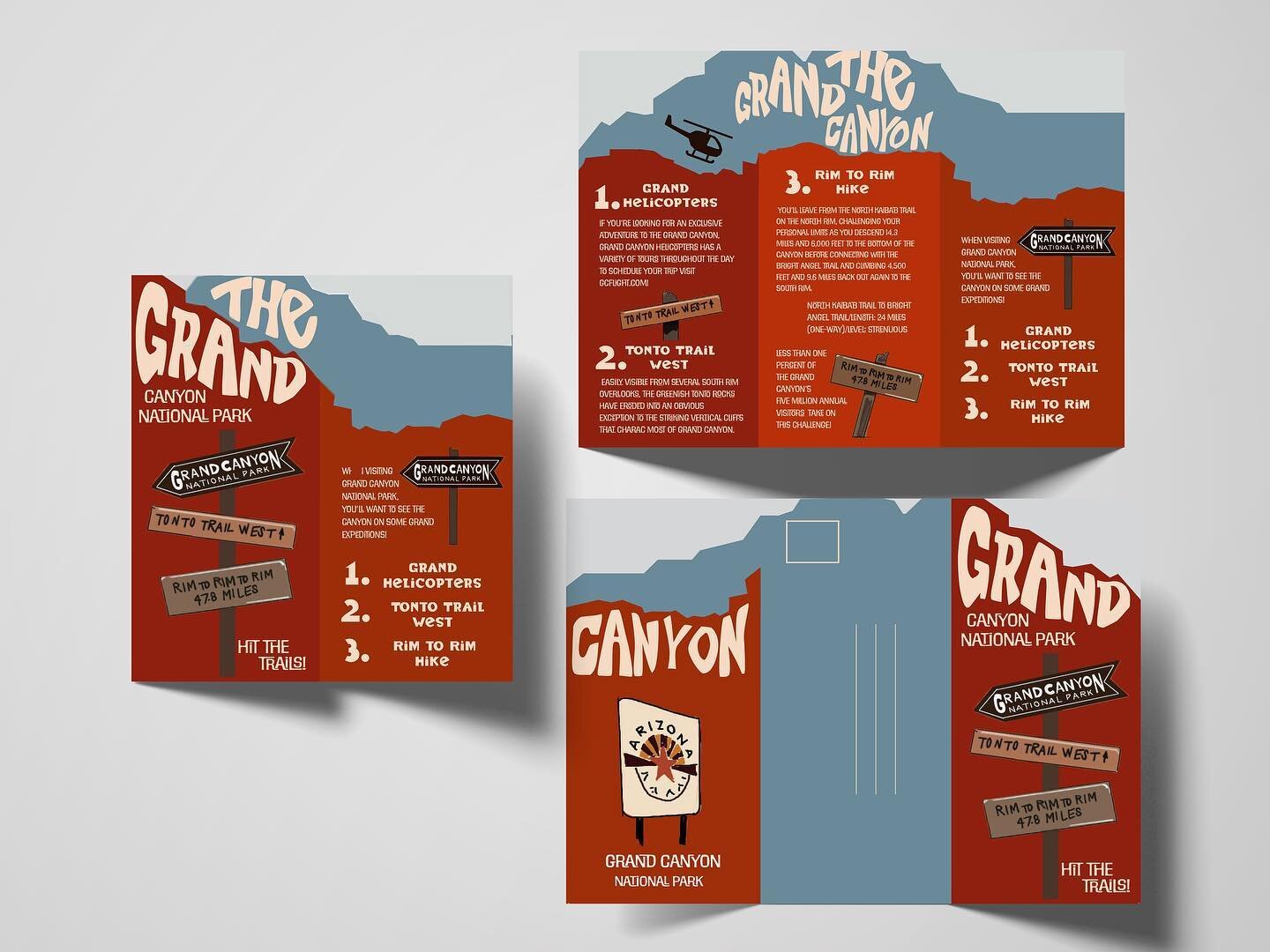 Grand Canyon National Park Travel Brochure! I created this Digital Mock-up for my Graphic Design 1 class.

When printed, cut, and folded, the brochure has a rocky-edged top to emphasize the Grand Canyon!