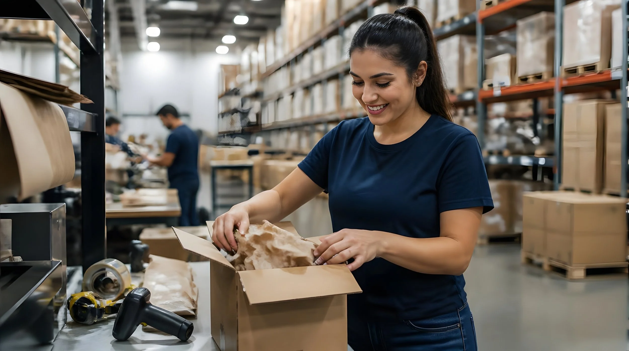 A woman smiling as she unpacks items into a cardboard box in a warehouse setting with shelves of boxes in the background.