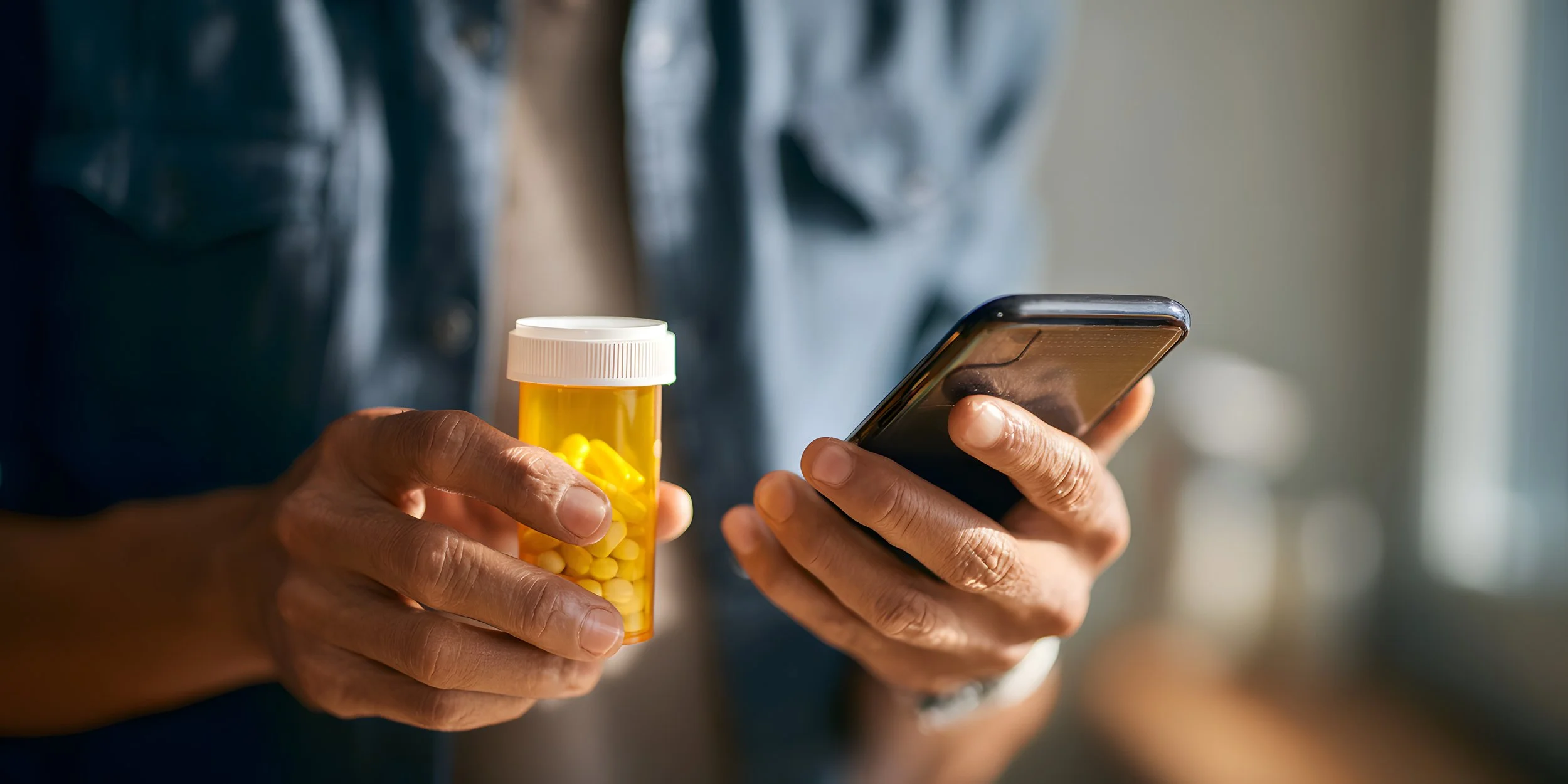 Person holding a yellow prescription pill bottle and a smartphone.