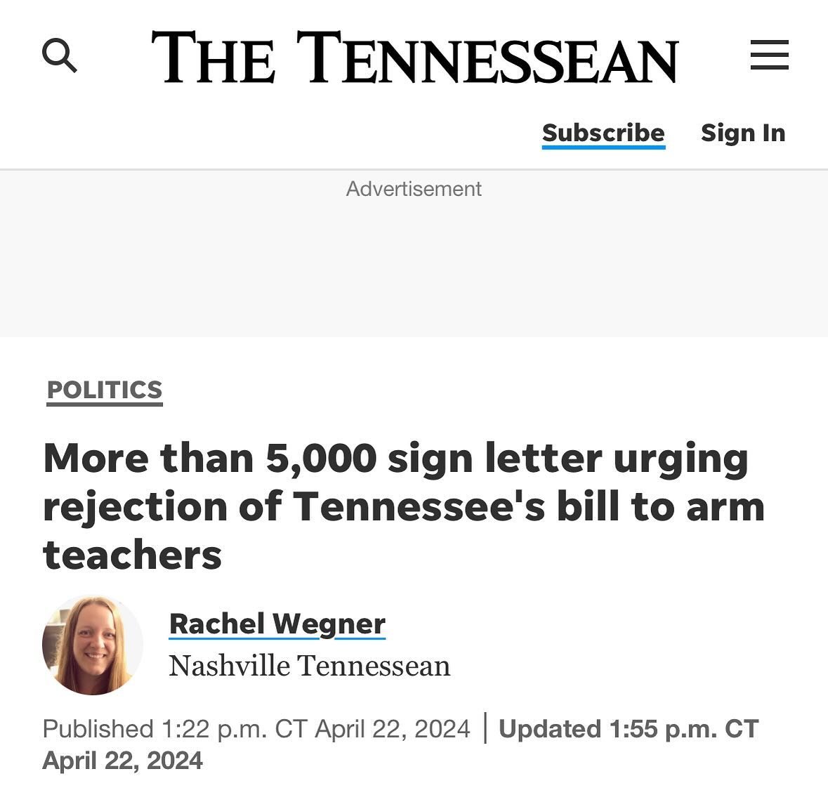 &ldquo;Ultimately, we need preventative measures against gun violence so no other community in our state experiences the tragedy that took place at The Covenant School did on March 27th, 2023.&rdquo;

Arming teachers is wrong and dangerous! Listen to