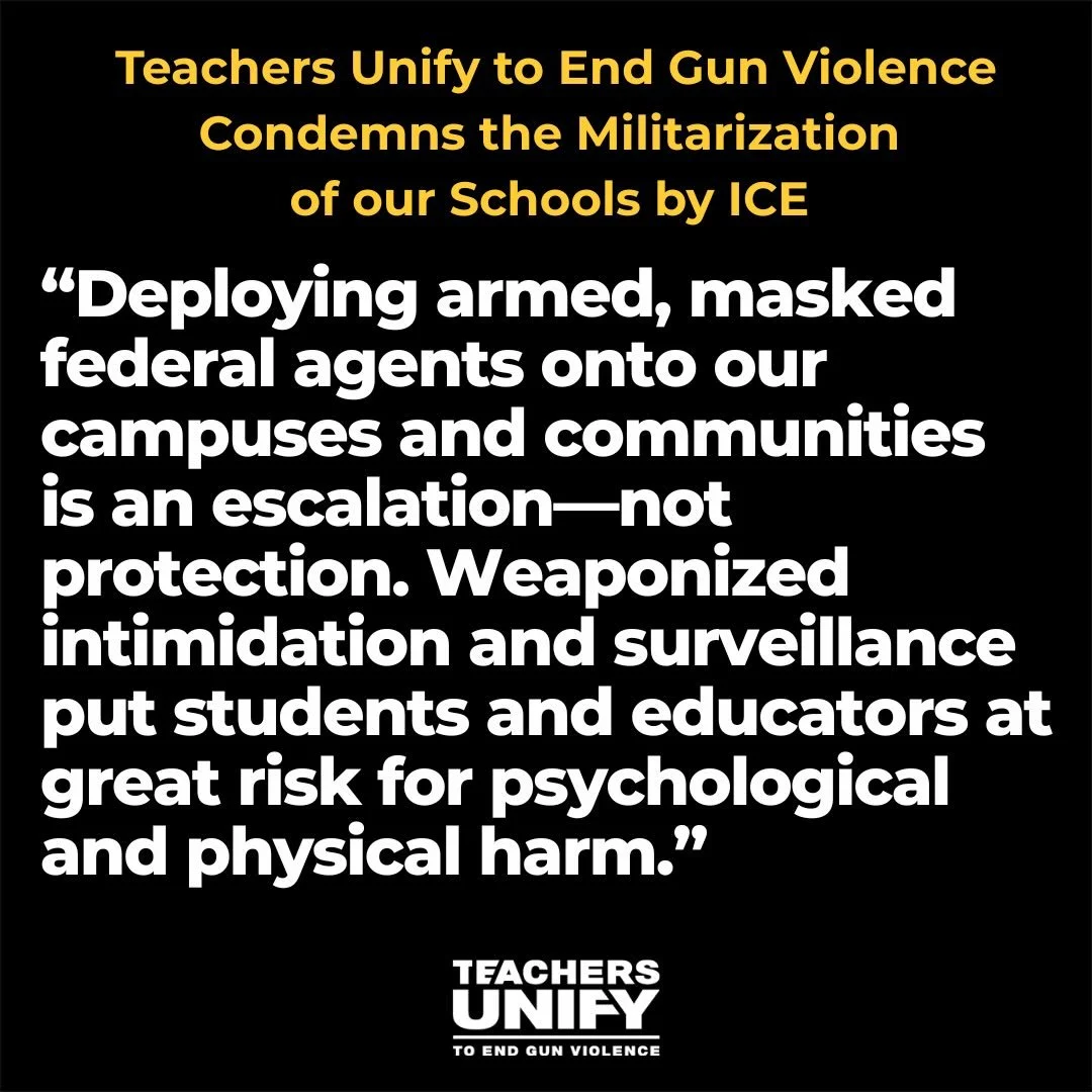 Across the country, schools and neighborhoods are being treated like military zones instead of safe places where children learn and grow. Students, educators, and families deserve safety &mdash; not fear.

We demand learning environments free from ar