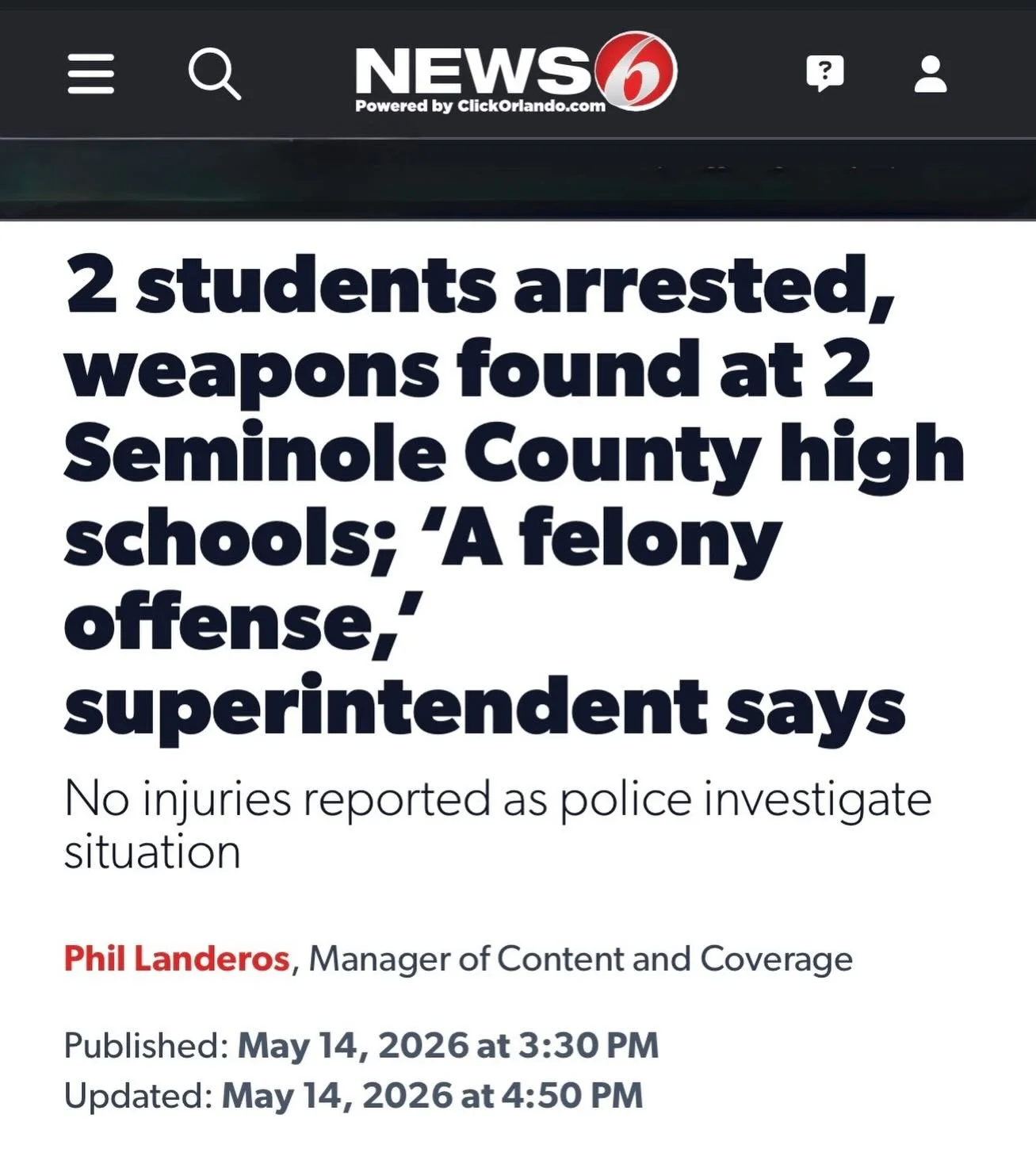 &ldquo;It is imperative that our families partner with us by ensuring that all firearms, knives, or other weapons in the home are securely locked away and that you are actively aware of what your child is bringing to school in their backpack each day
