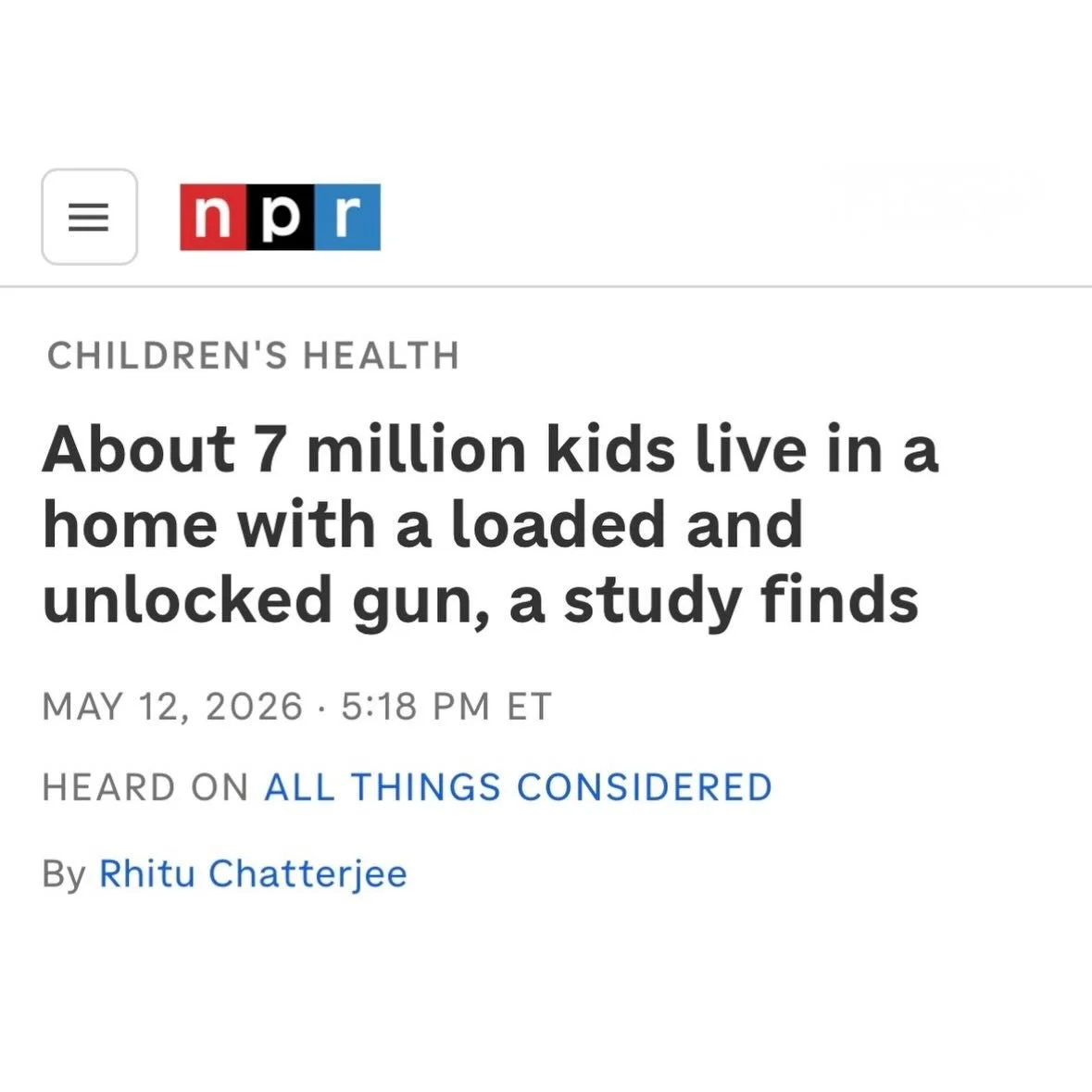 &ldquo;An estimated 32 million children in the United States live in homes with firearms, nearly 7 million of whom have at least one firearm in the household that&rsquo;s unlocked and loaded. That&rsquo;s according to a new study published in JAMA Ne