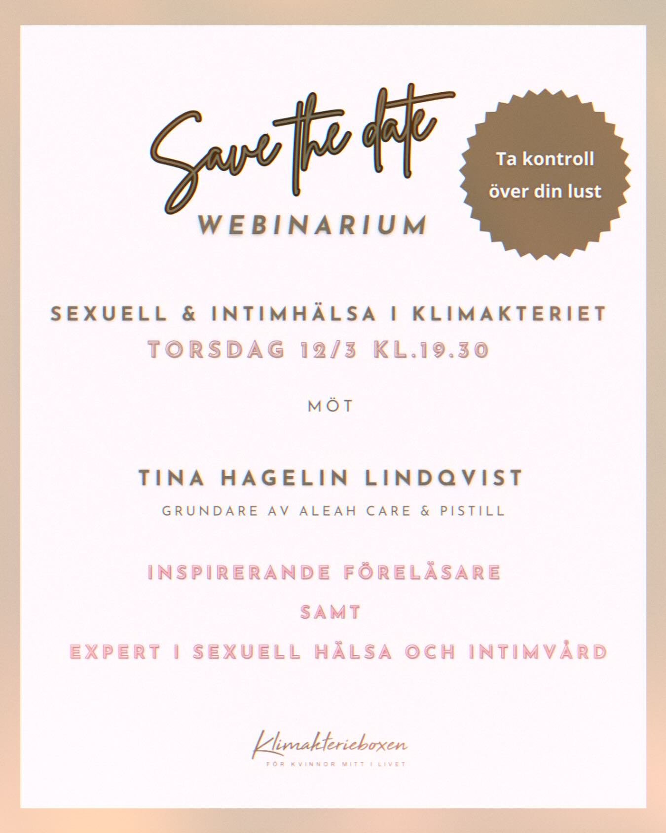 🔥 SAVE THE DATE &ndash; TA KONTROLL &Ouml;VER DIN LUST 🔥

Klimakteriet kan f&ouml;r&auml;ndra mycket hos oss, ofta upplever vi att lusten minskar eller till och med avtar helt 🥹. 

Det betyder inte att lusten &auml;r borta f&ouml;r alltid. Den kan