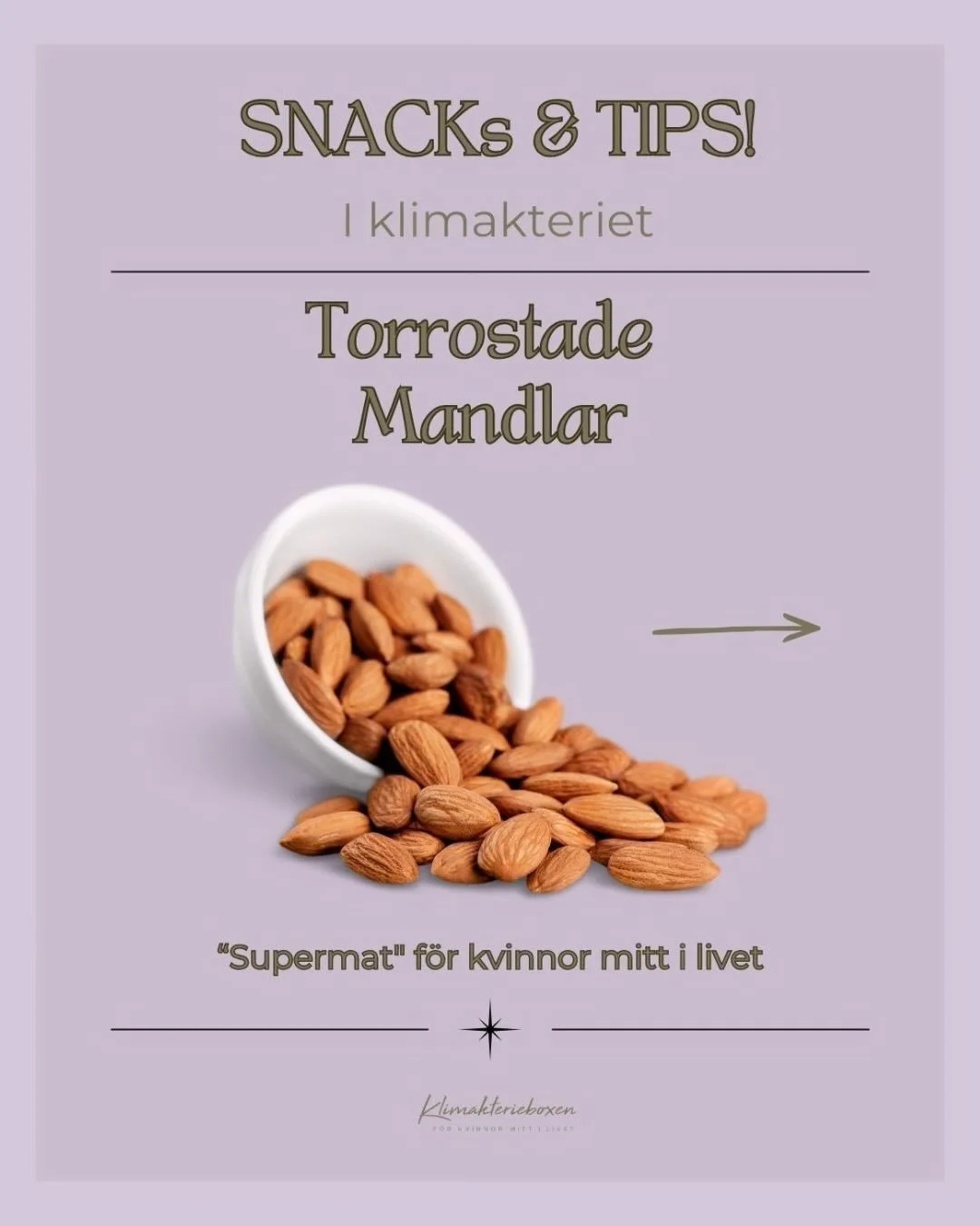 MANDLAR 
Ett enkelt, naturligt, stabiliserande snack som faktiskt g&ouml;r skillnad. 🫶

Klimakteriet kan vara en kamp. Punkt.

Men det finns saker du kan g&ouml;ra sj&auml;lv f&ouml;r att st&ouml;tta kroppen. 🙌✨

Till exempel, b&ouml;rja med ditt s