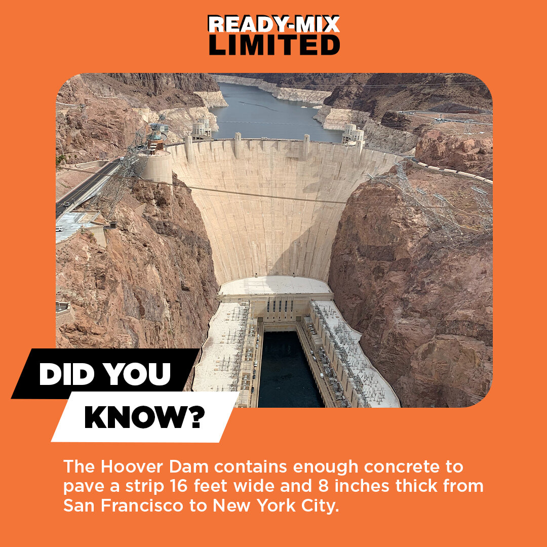 That's a lot of concrete! 🤯

Did you know? The Hoover Dam contains enough concrete to pave a strip 16 feet wide and 8 inches thick from San Francisco to New York City.

#ReadyMixBarbados #BuildWithReadyMix #Concrete #Construction #DidYouKnow #Fact