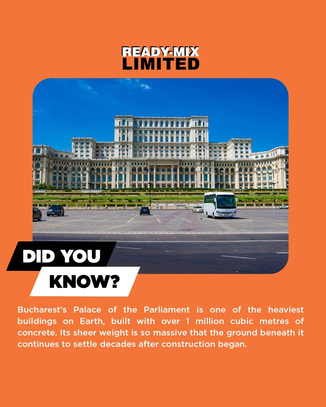 #DidYouKnow: Bucharest&rsquo;s Palace of the Parliament is one of the heaviest buildings on Earth, built with over 1 million cubic metres of concrete. Its sheer weight is so massive that the ground beneath it continues to settle decades after constru