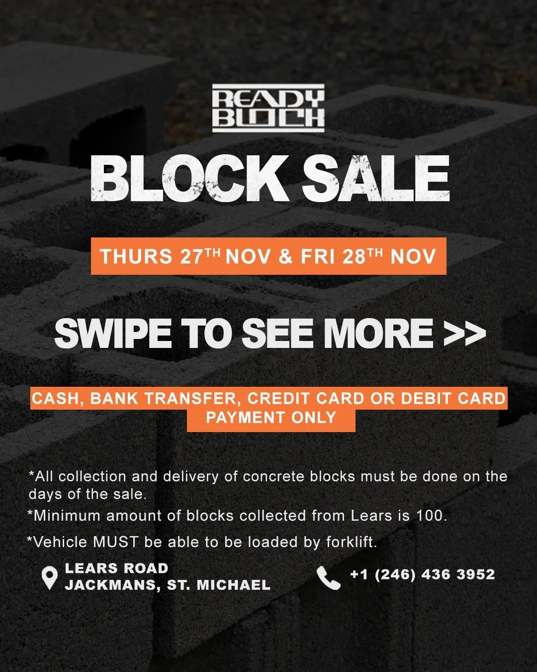 🧱 Ready to build? Don't miss out on our BLOCK SALE happening on Thursday Nov 28 &amp; Friday Nov 27.

Block sizes and prices:
12&rdquo; Blocks - $4.55 + VAT | 8&rdquo; Blocks - $2.97 + VAT | 6&rdquo; Blocks - $2.36 + VAT | 4&rdquo; Blocks - $2.06 + 