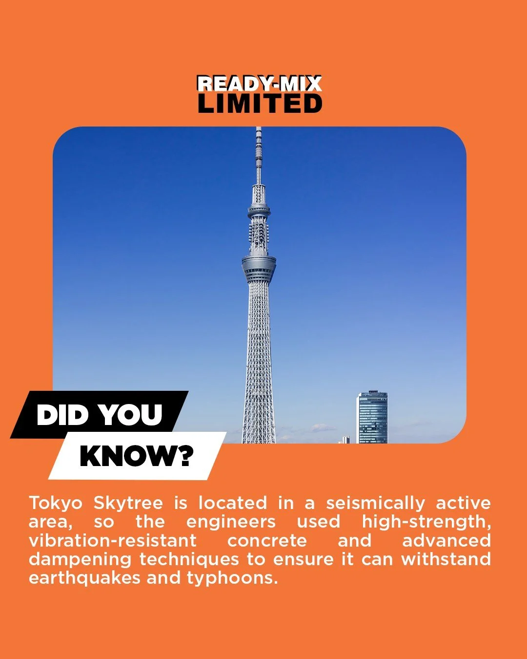 #DidYouKnow: Tokyo Skytree is located in a seismically active area, so the engineers used high-strength, vibration-resistant concrete and advanced dampening techniques to ensure it can withstand earthquakes and typhoons.

#ReadyMixBarbados #BuildWith