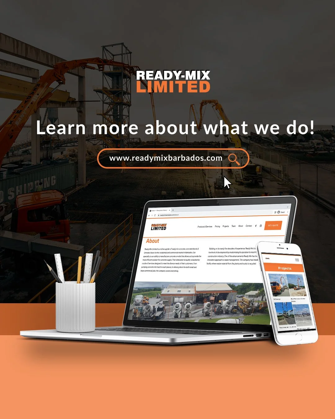 Ready-Mix is just a click away! Head to our website for a comprehensive look at what we have to offer!

Learn more about what we do!
💻: www.readymixbarbados.com
☎️: +1-246-436-3952

#ReadyMixBarbados #BuildWithReadyMix #Concrete #Construction