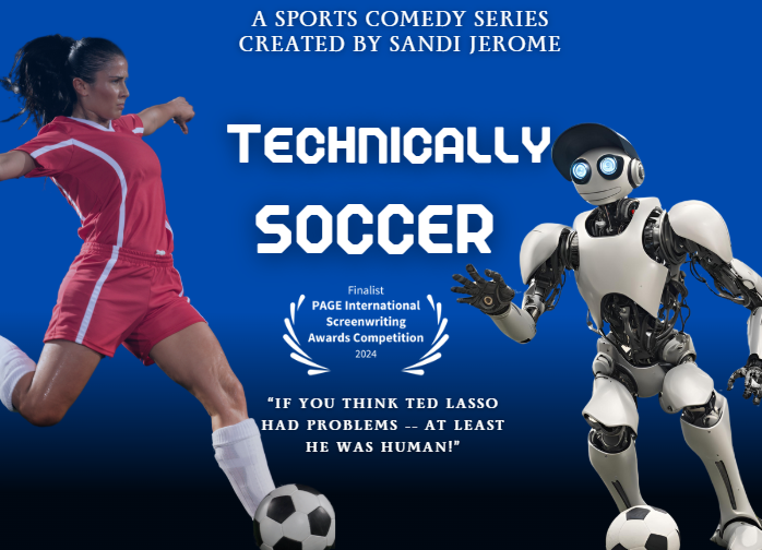 A promotional poster for the sports comedy series "Technically Soccer" created by Sandi Jerome. It features a female soccer player in a pink uniform kicking a soccer ball on the left and a humanoid robot on the right. The background is blue, with text about the series, a finalist badge for PAGE International Screenwriting Awards 2024, and a quote about Ted Lasso.