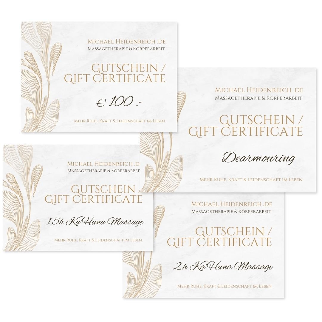 Drei Geschenkgutscheine für Massagebehandlungen, jeweils mit goldenen Blättern im Hintergrund, mit verschiedenen Texten in Deutsch und der Angabe von Massagezeiten.